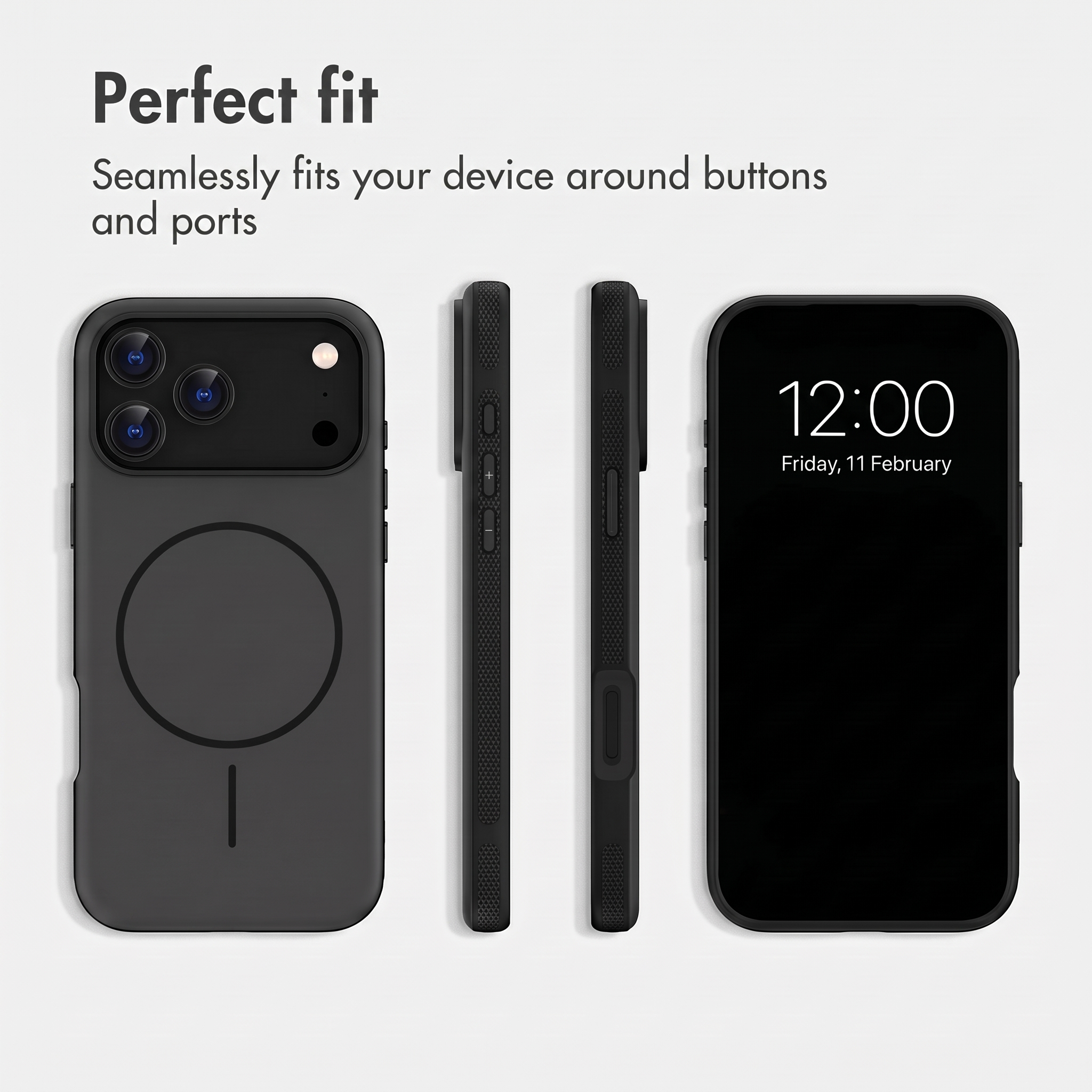 Custodia per smartphone nera mostrata da quattro diverse angolazioni su sfondo chiaro.