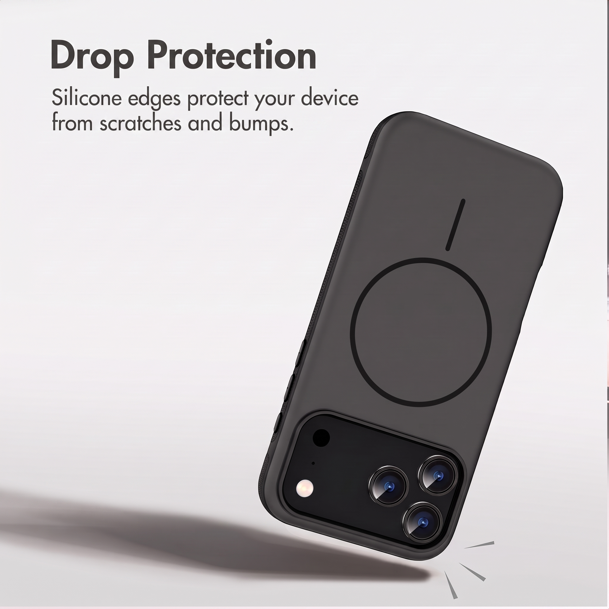 Uno smartphone nero in una custodia protettiva con testo su sfondo chiaro.