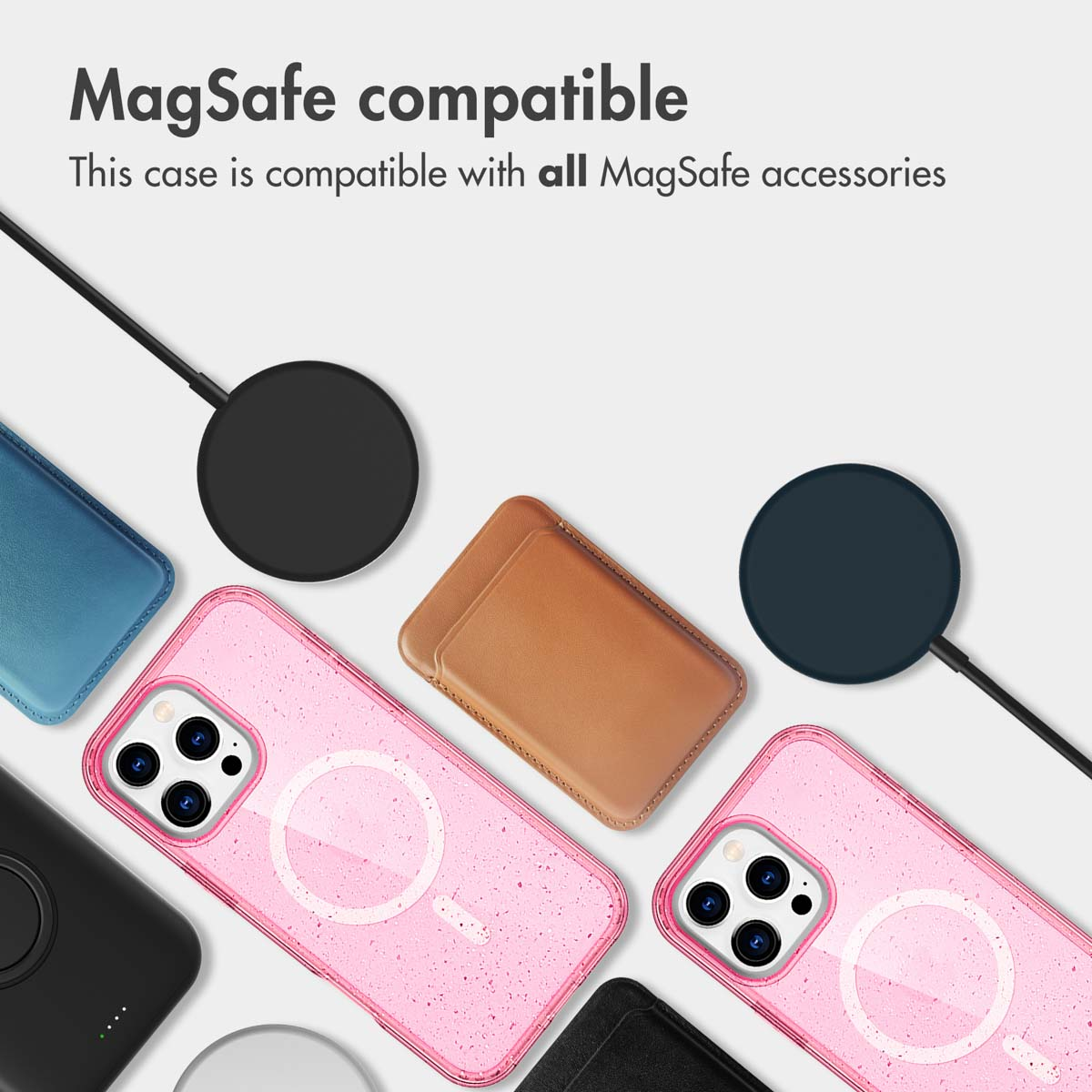 Various phone cases and MagSafe accessories on a white background with text.