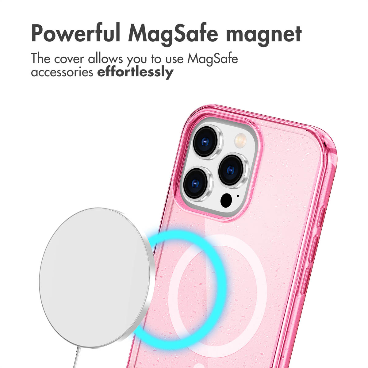 A pink phone case with a MagSafe charger and a glowing blue indicator ring.