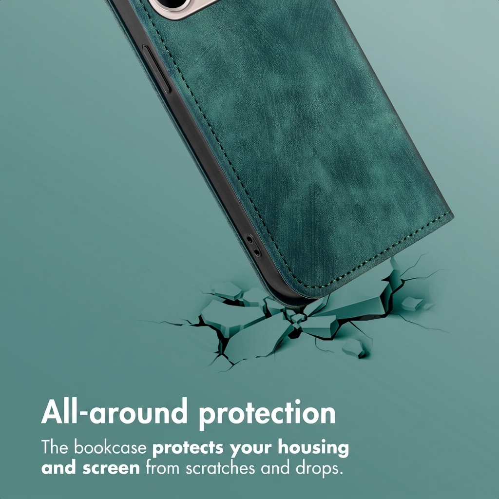 Een groen lederen telefoonhoesje dat beschermt tegen vallen.