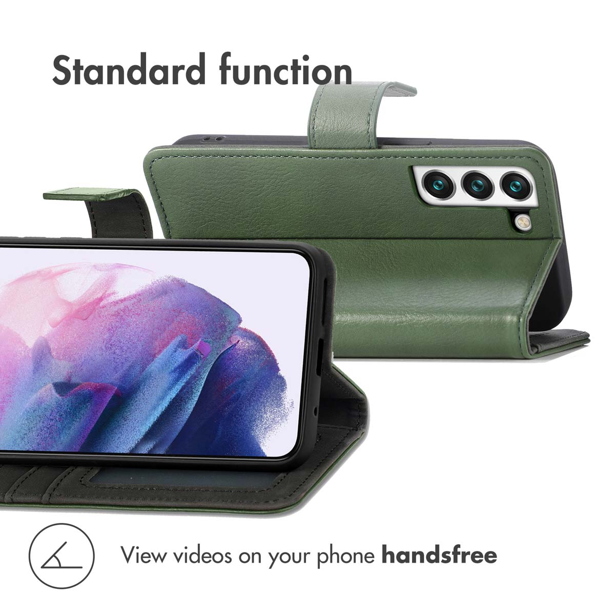 Étui de téléphone en cuir vert utilisé comme support.