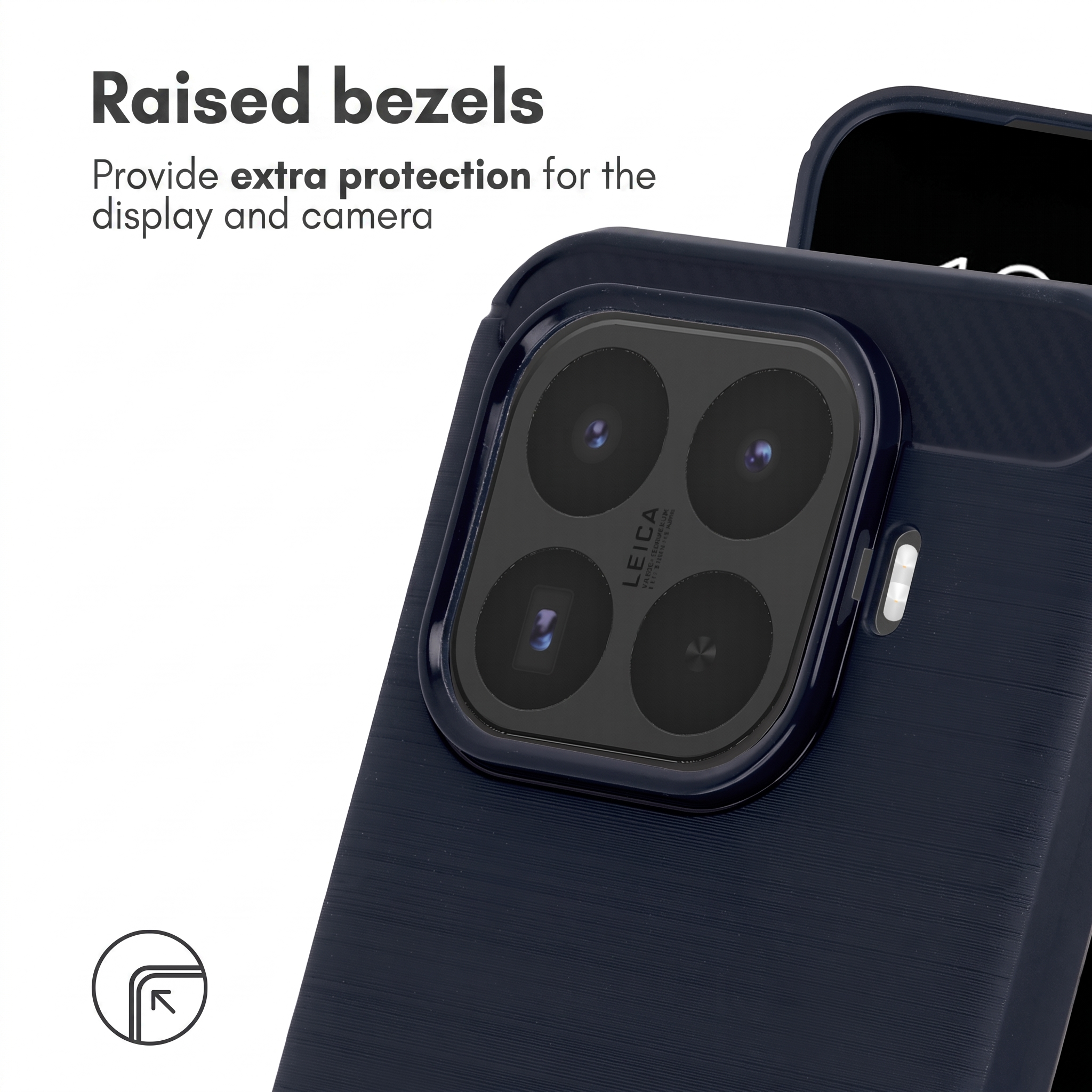 Fundas de móvil azul oscuro con bisel elevado alrededor de la cámara.