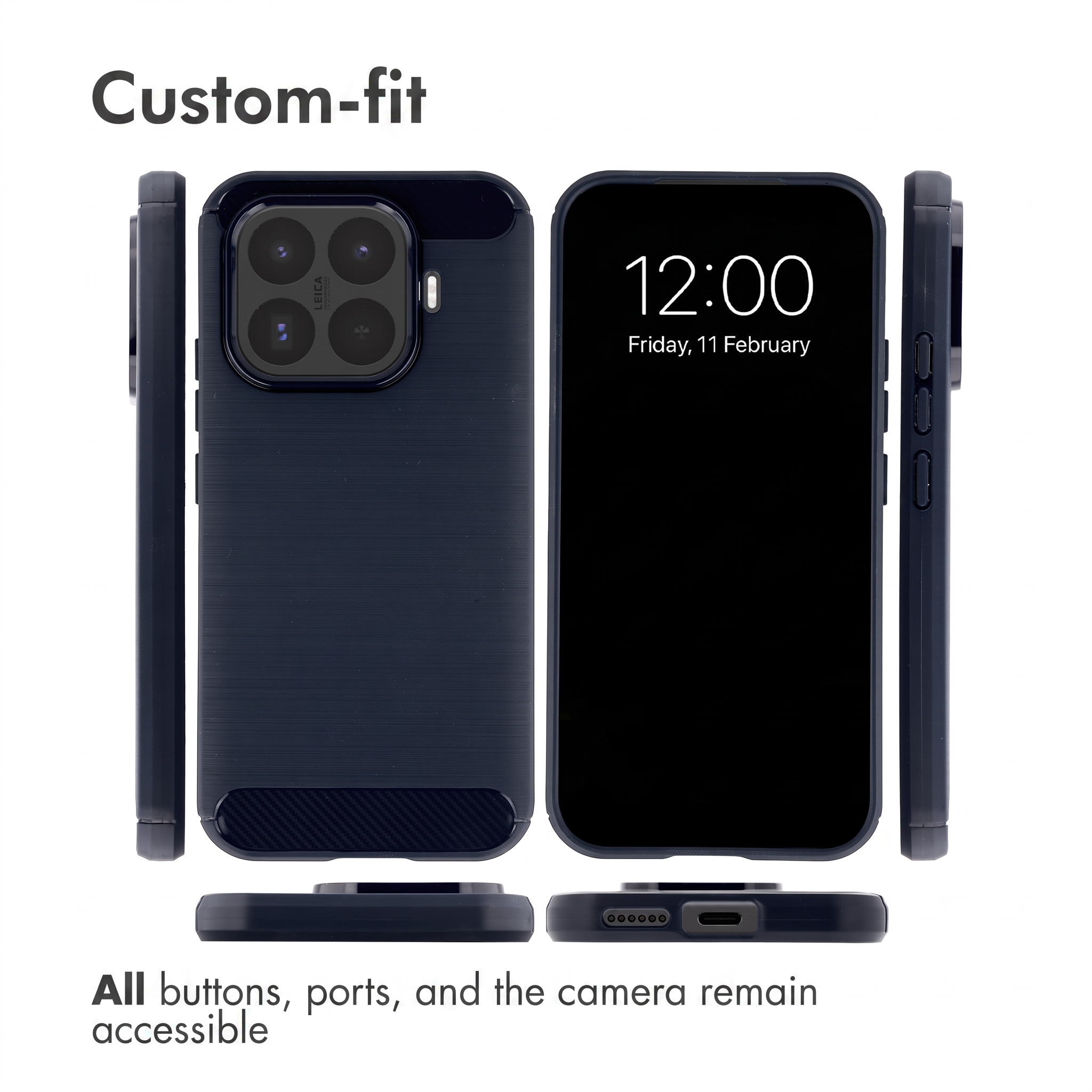 Funda de teléfono azul oscuro mostrada desde varios ángulos con botones y puertos accesibles.