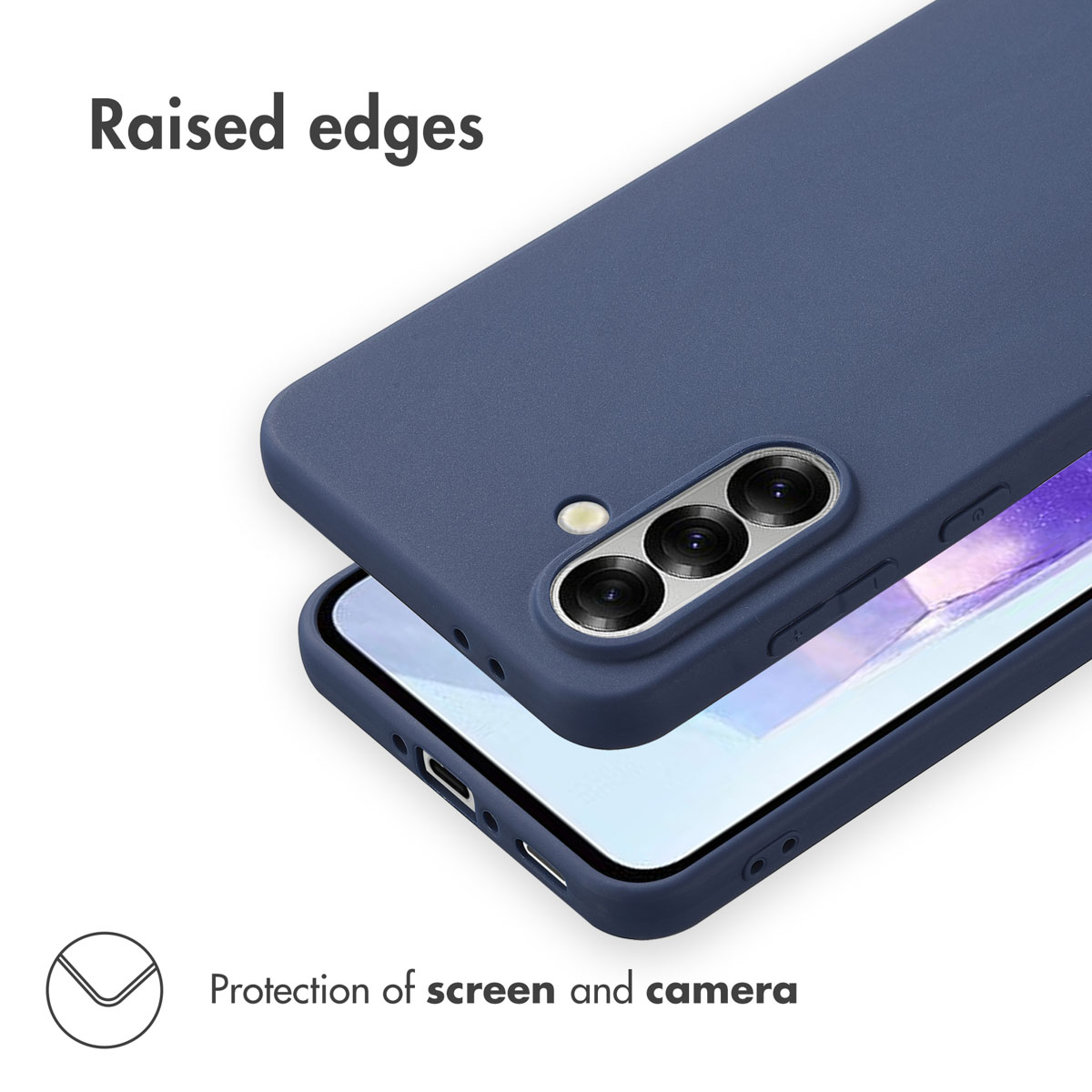 Custodia blu per telefono con bordi rialzati per proteggere schermo e fotocamera.