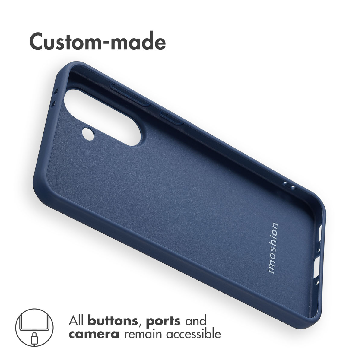 Custodia per smartphone blu scuro su misura con aperture per fotocamera, pulsanti e porte.