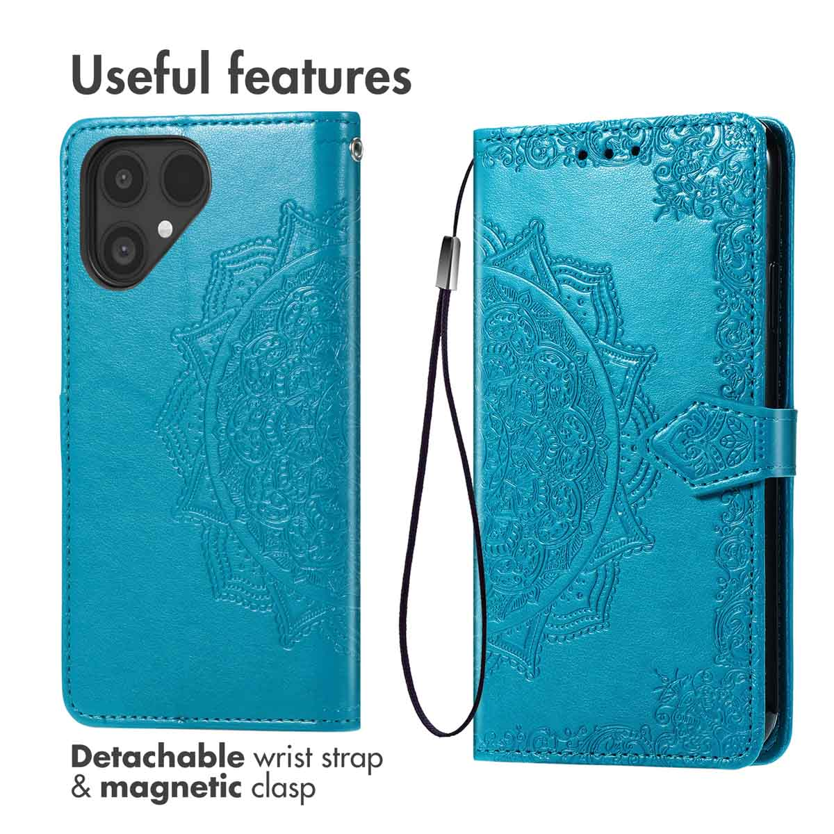 Custodia per telefono in pelle goffrata blu con laccetto e chiusura magnetica.