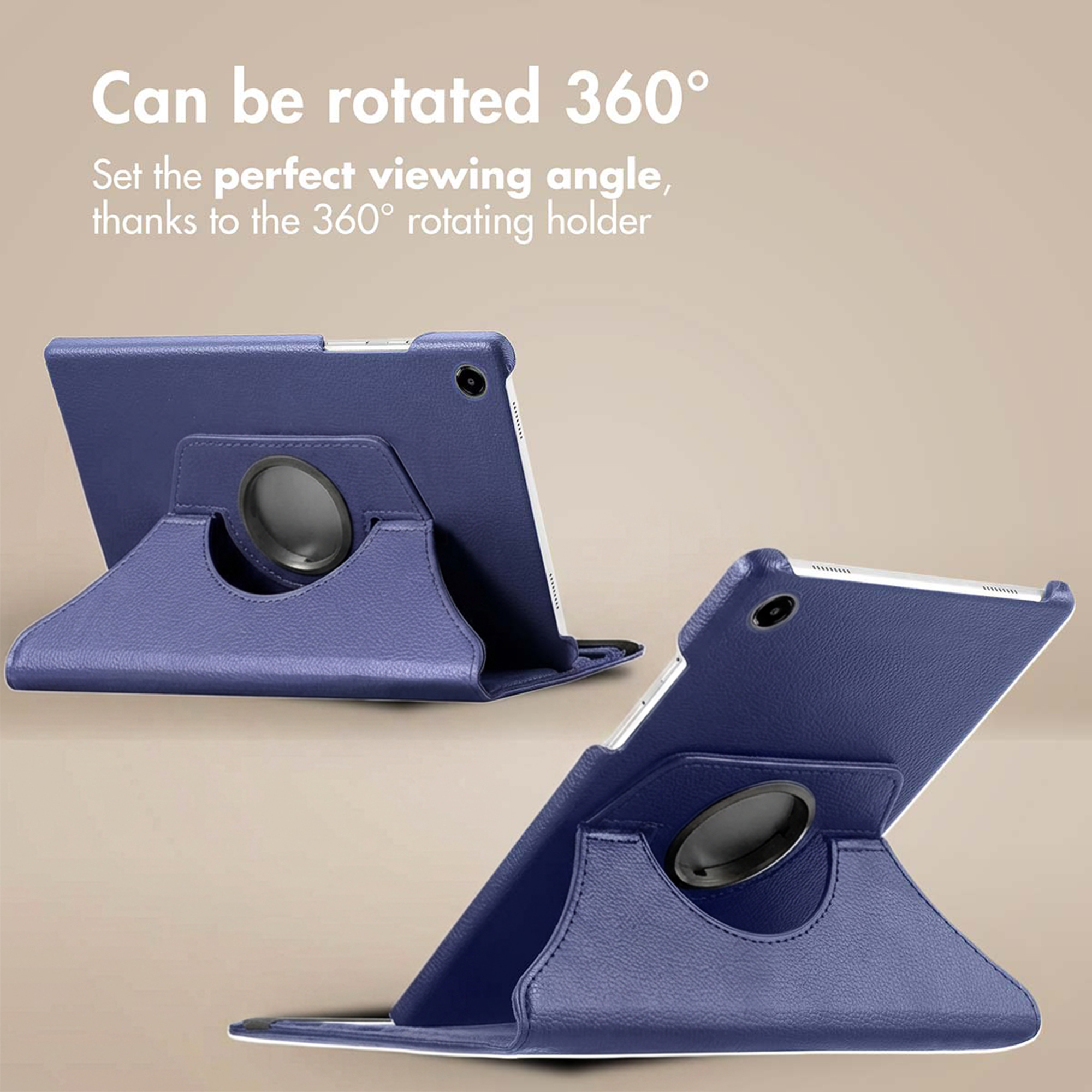 Two blue tablet cases with a 360-degree rotating feature and integrated stand against a beige background.