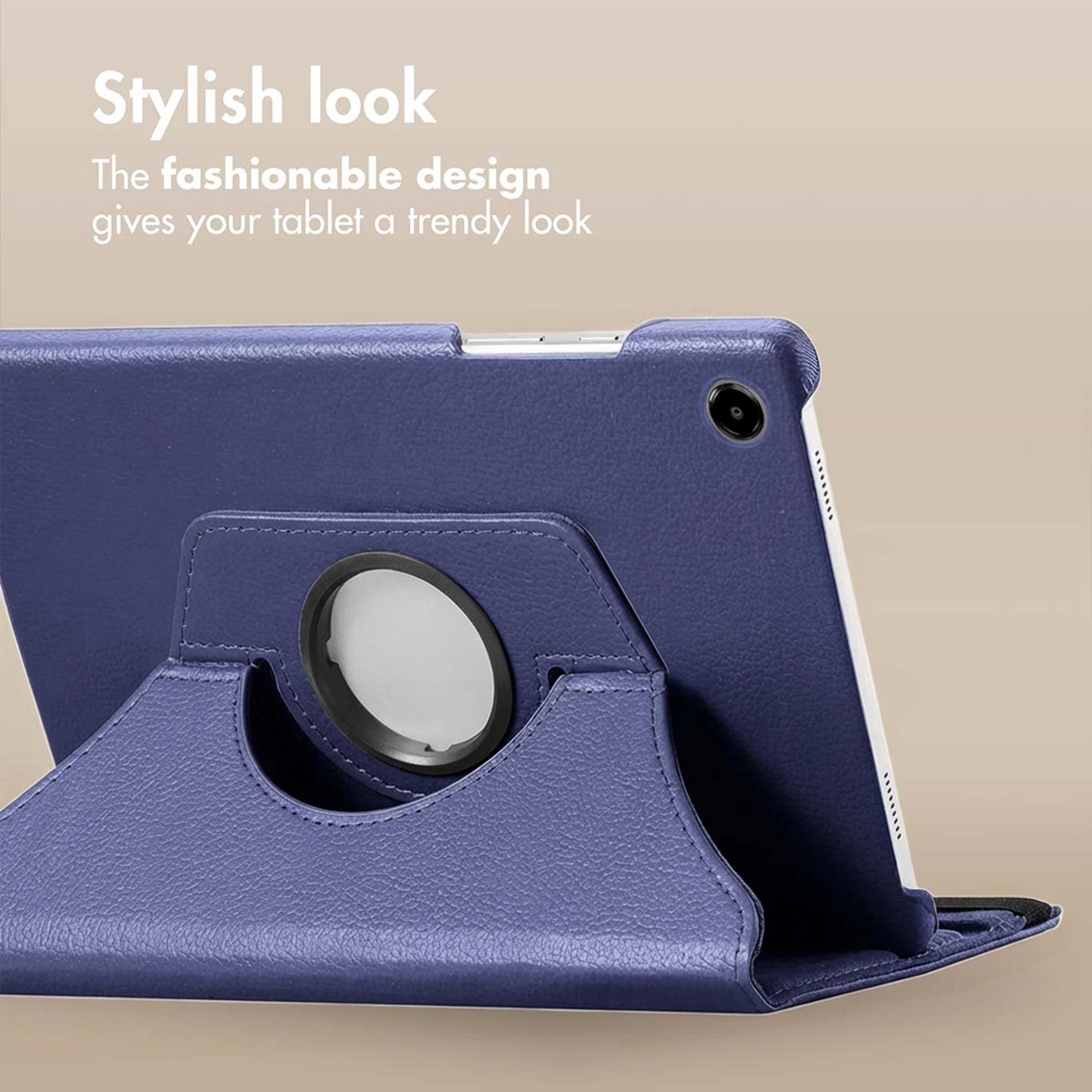 A blue tablet case with an integrated stand and text.