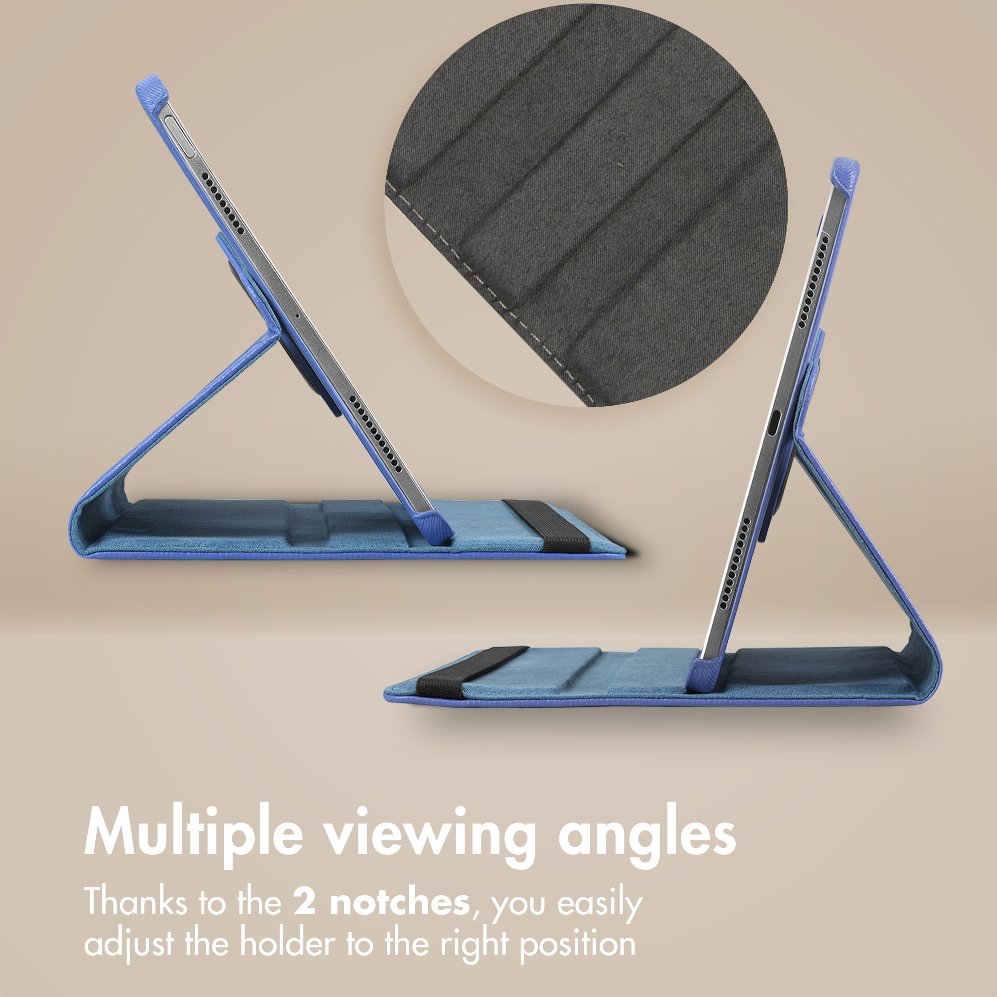 Tablet in blue stand with two viewing angles and text.