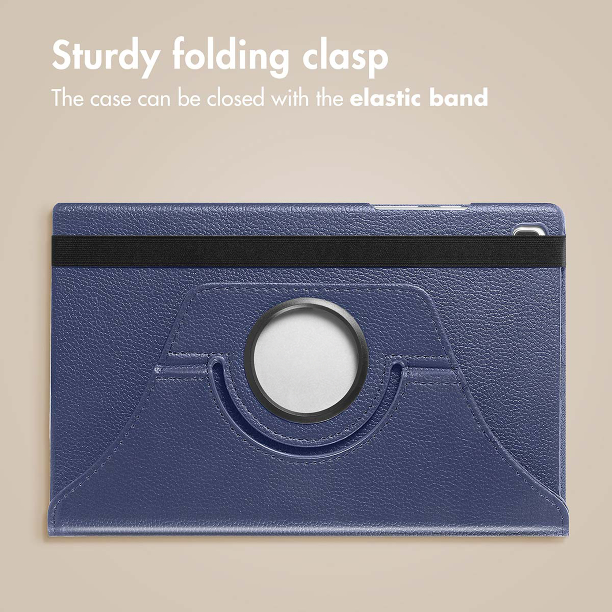 A blue leather tablet case with an elastic band and a circular rotating stand on the back.