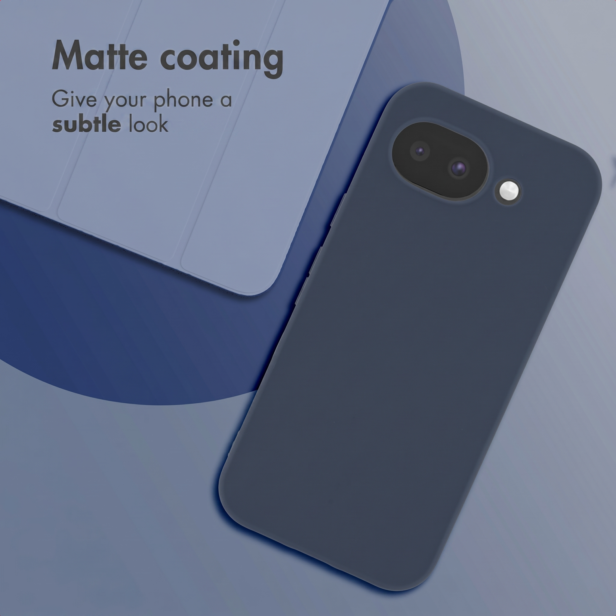 A dark blue smartphone with matte case next to a matching folded case on a blue background with promotional text.