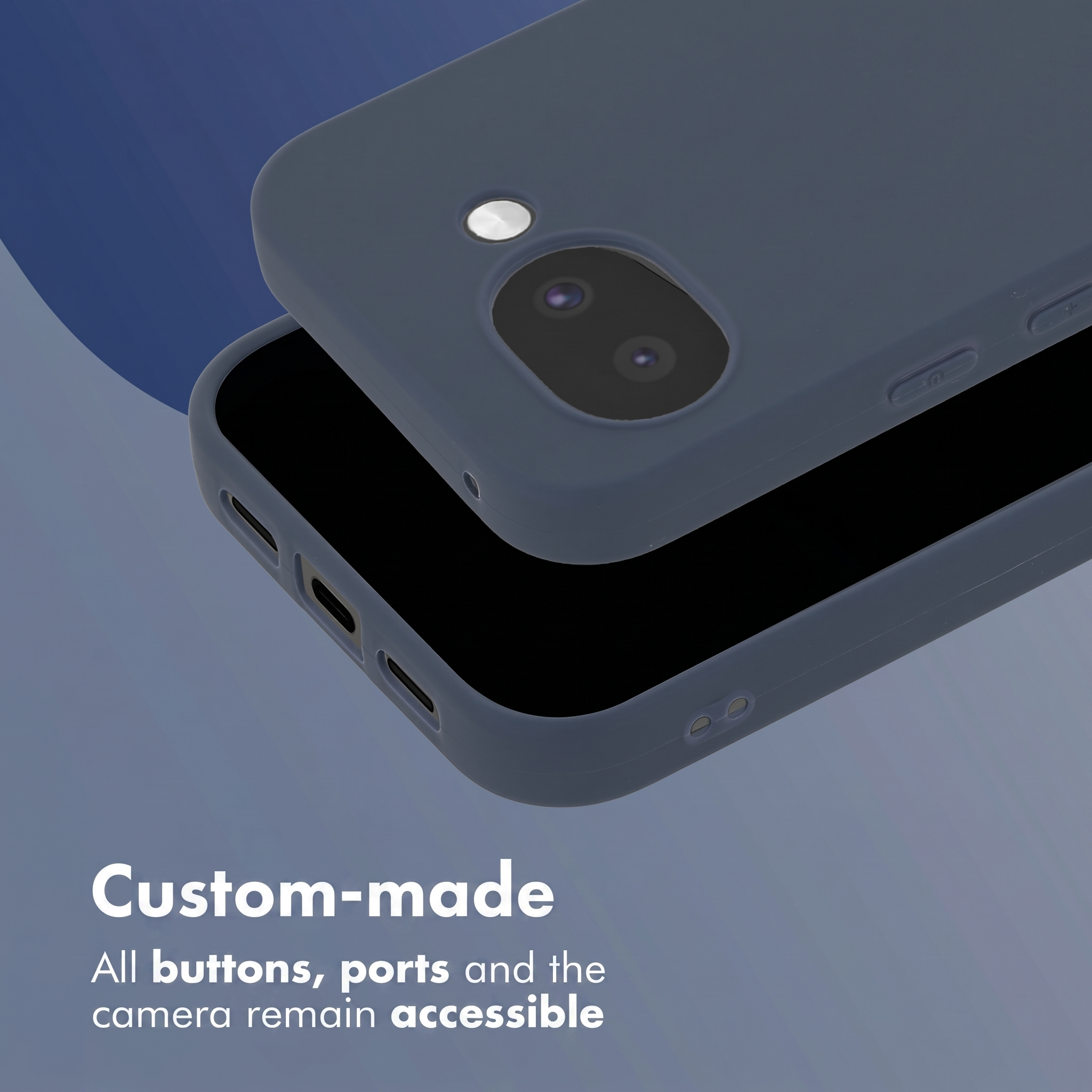 Dark blue smartphone case with dual camera, flash, and accessible ports.