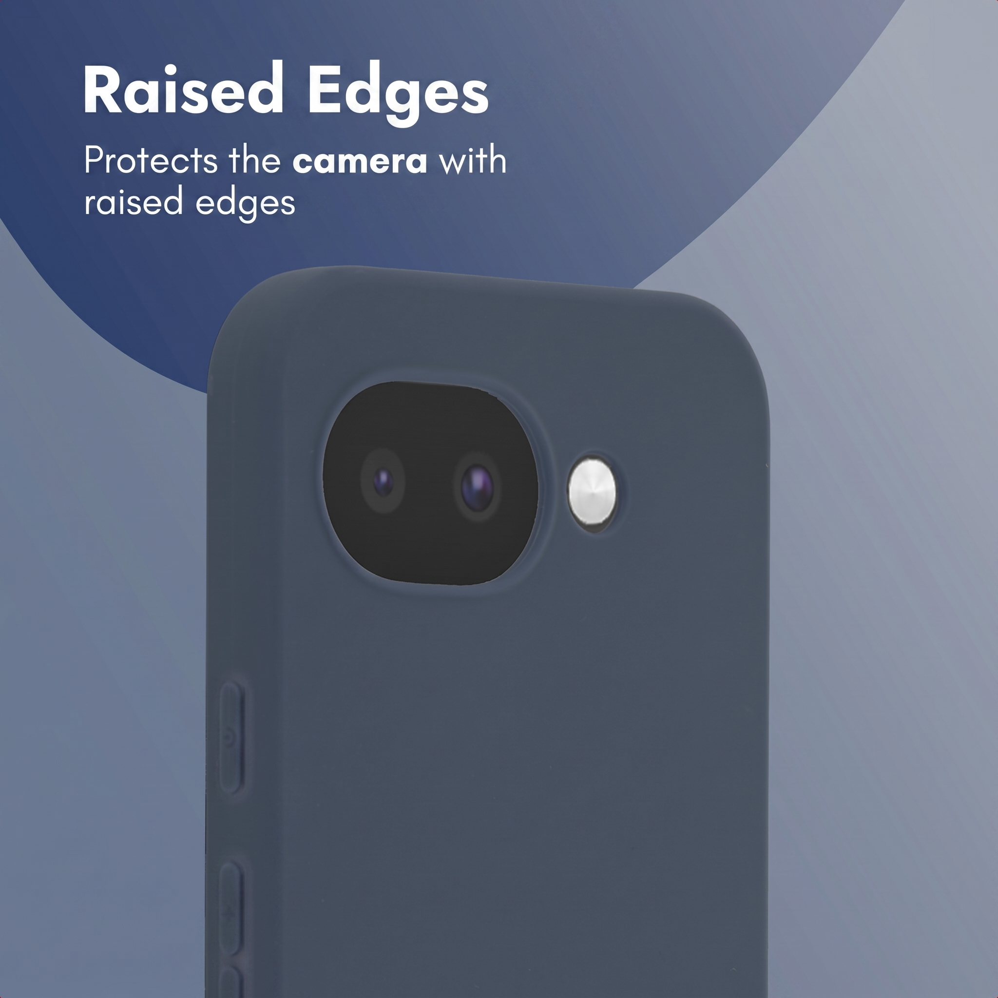 A blue phone case with raised edges protecting the dual camera setup against a blue background.