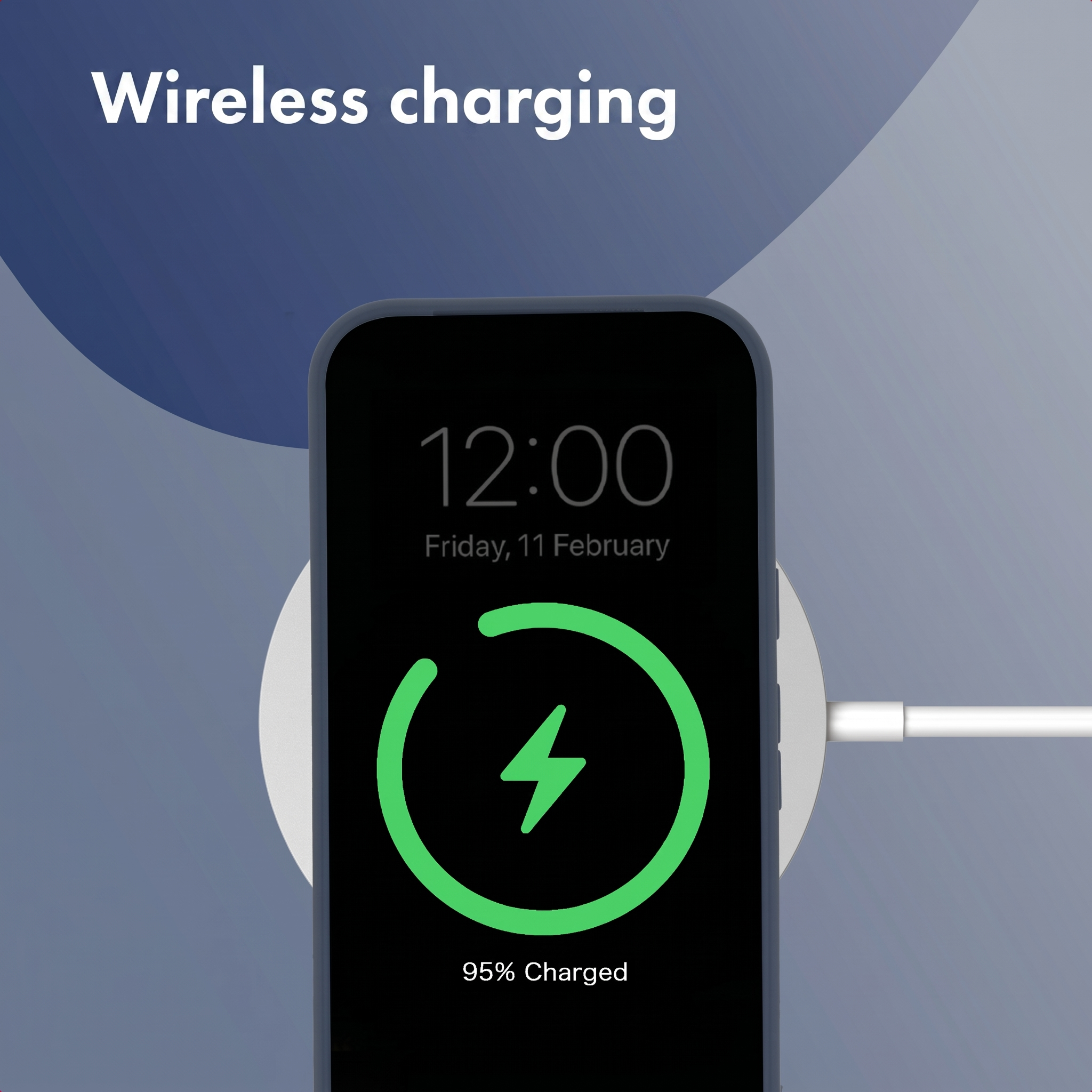 A smartphone on a wireless charging pad showing 95 percent battery and a green lightning bolt icon.