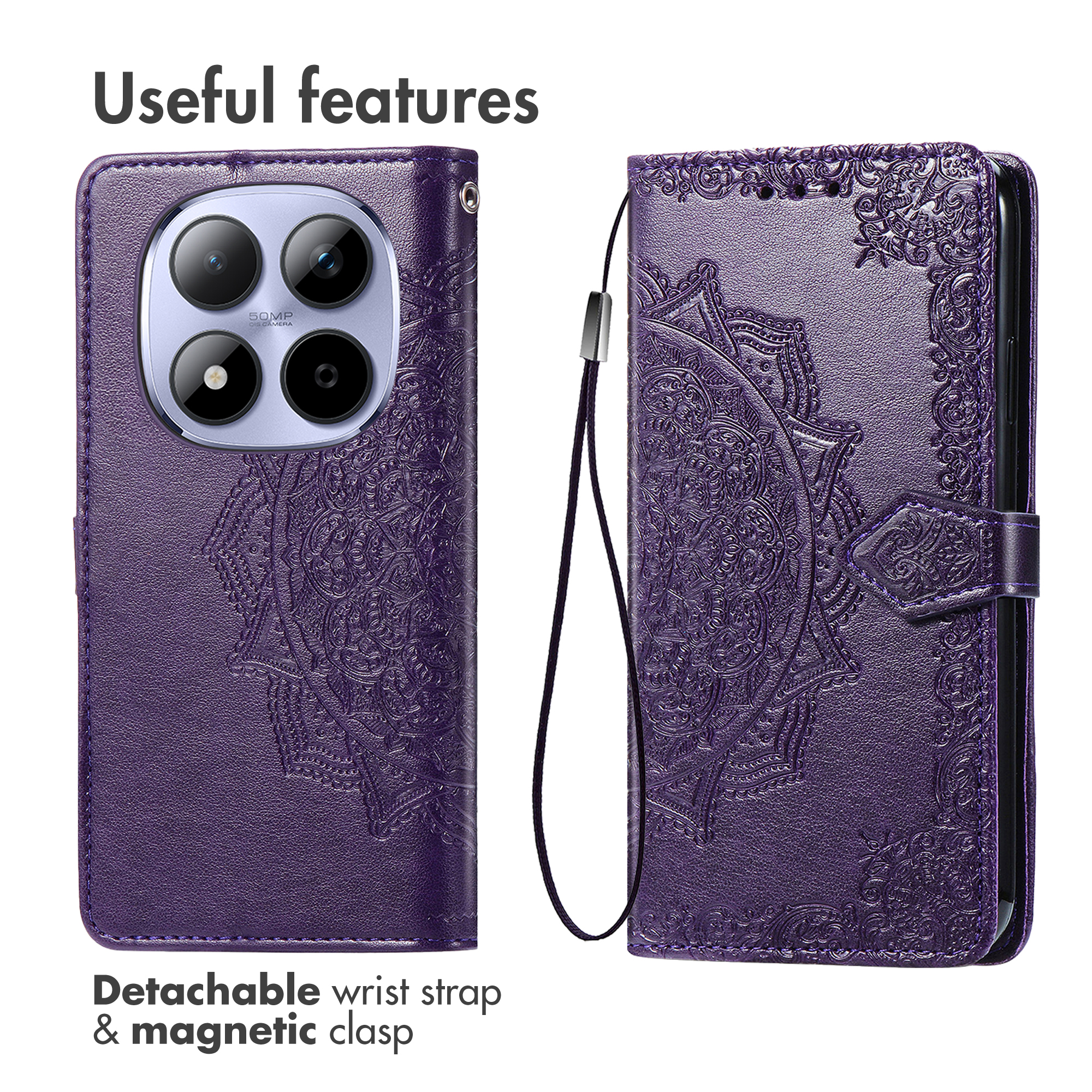 Custodia per telefono in ecopelle viola con motivo floreale, cinturino e chiusura magnetica.