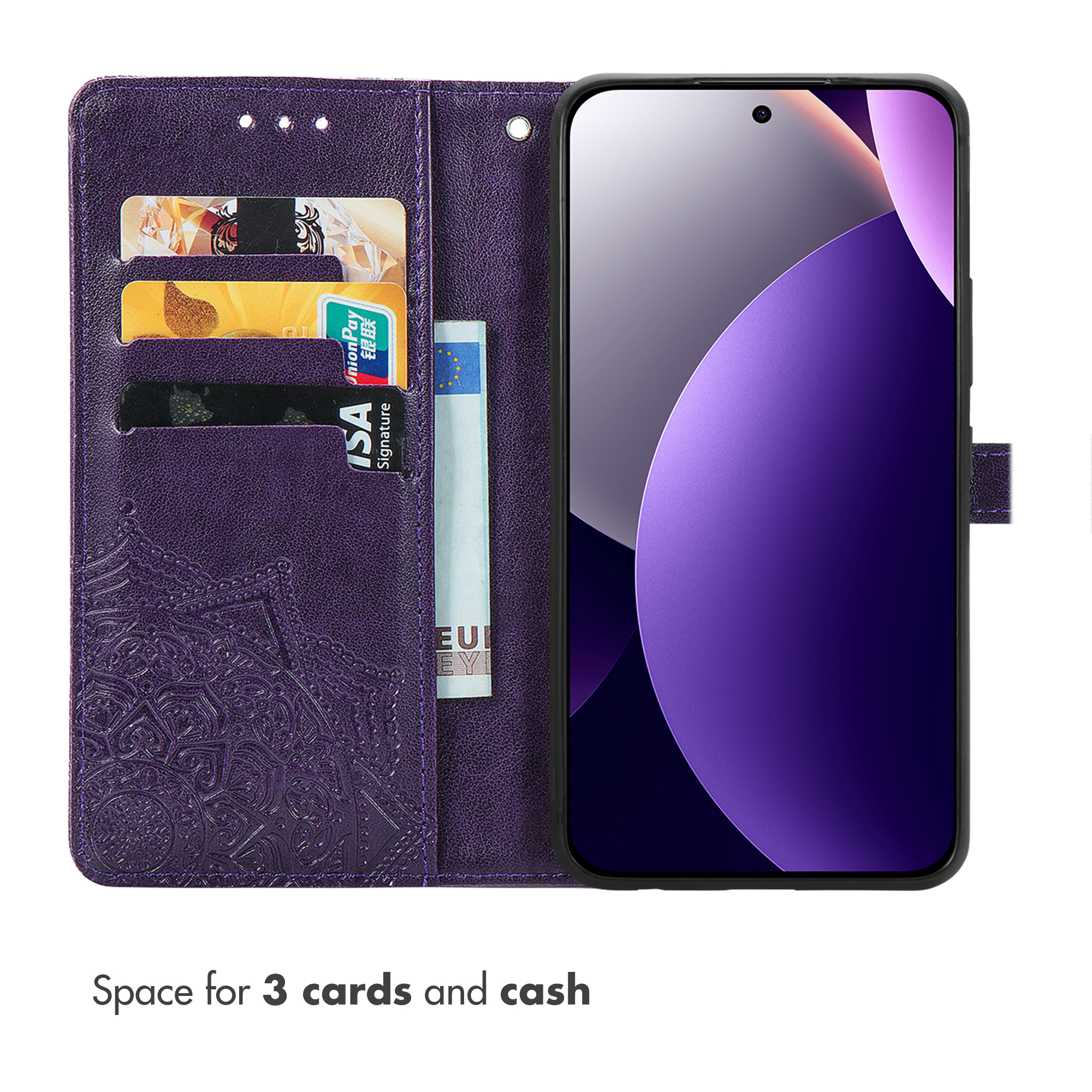 Custodia per telefono in pelle viola con mandala, tre tasche per carte e contanti.