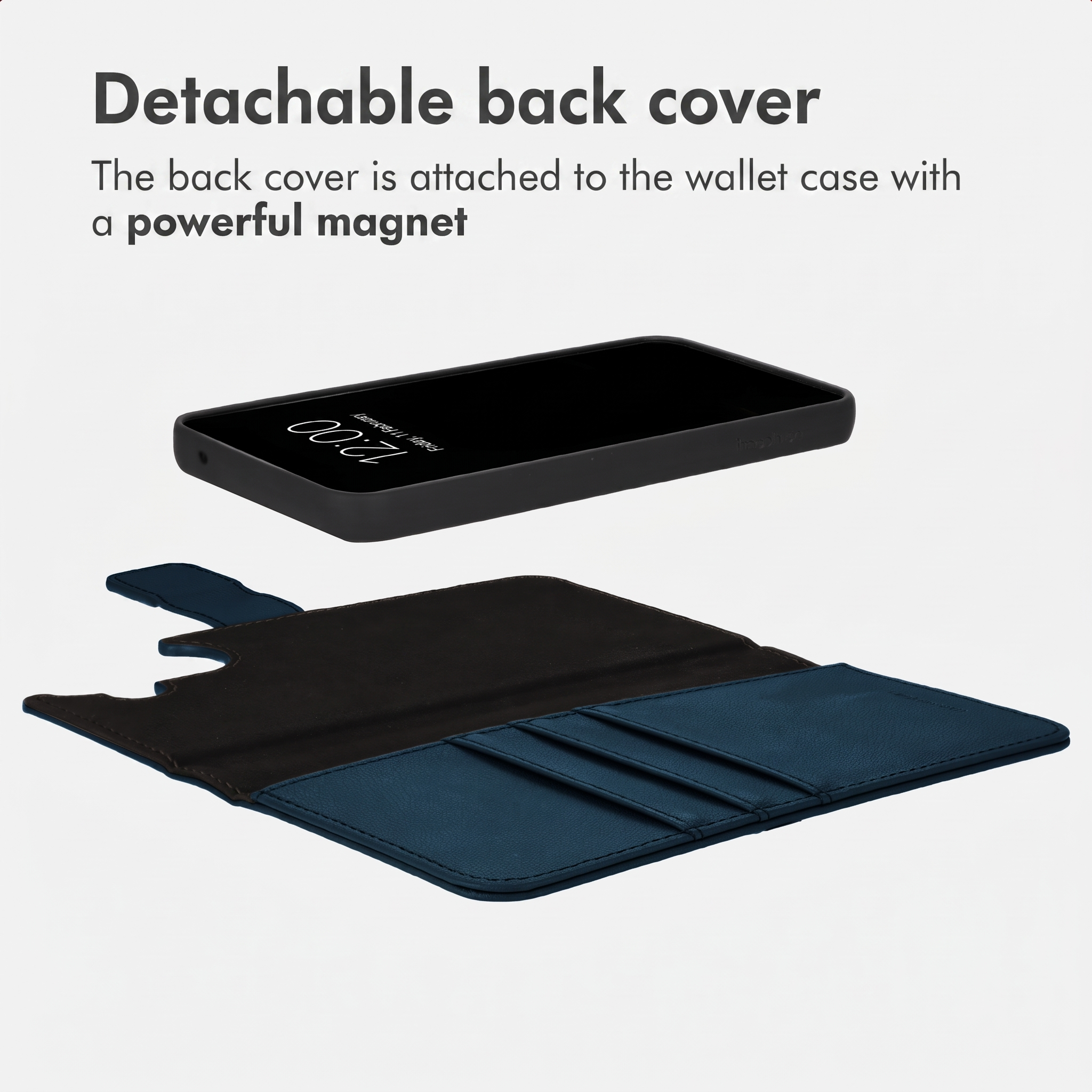 Eine Handyhülle mit abnehmbarer magnetischer Rückseite und Wallet-Basis auf weißem Hintergrund.