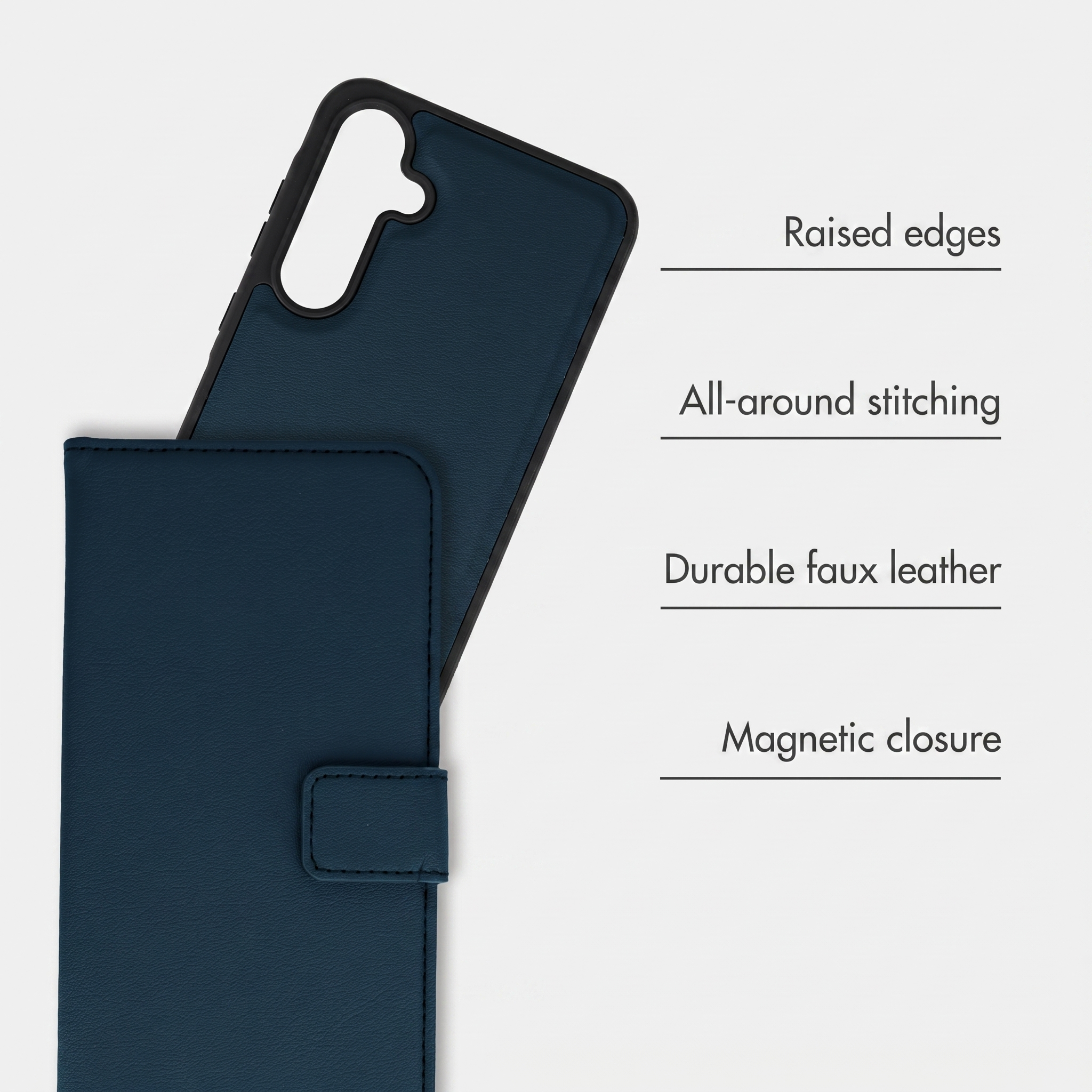Dunkelblaue Handytasche mit genähten Kanten, Kunstleder und Magnetverschluss.