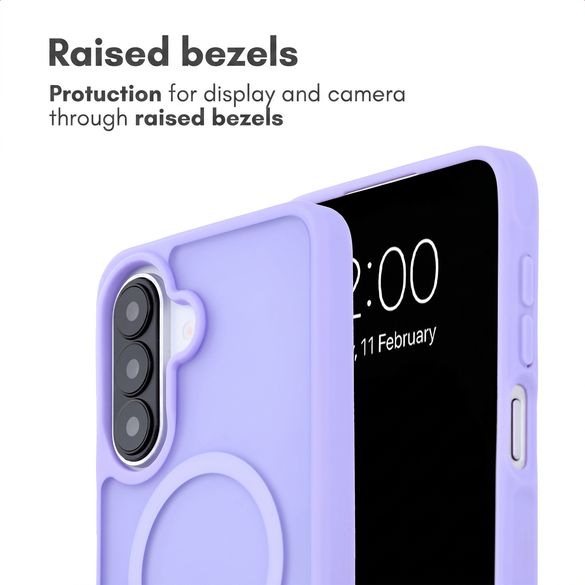 Nahaufnahme einer hellvioletten Smartphone-Hülle mit erhöhtem Rand zum Schutz von Kamera und Display.