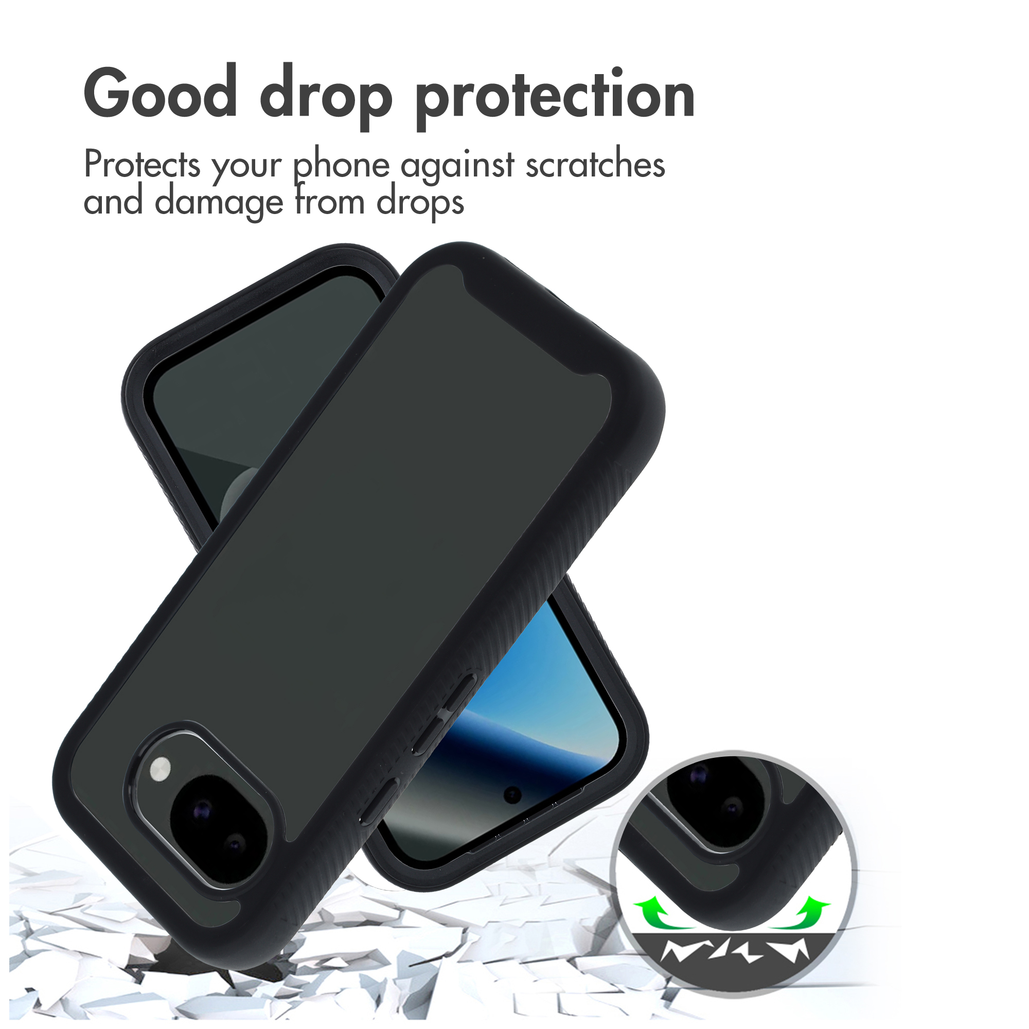 Two black phone cases display drop protection against a cracked background with descriptive text above.