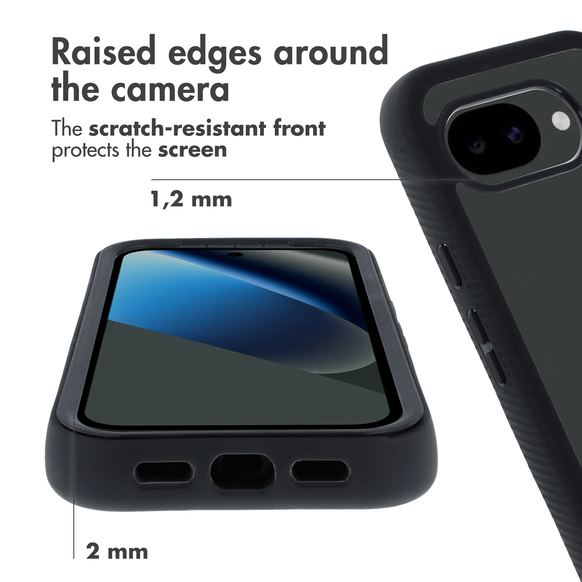 Black smartphone in protective case highlighting 1.2mm camera edges and 2mm screen protection against scratches.