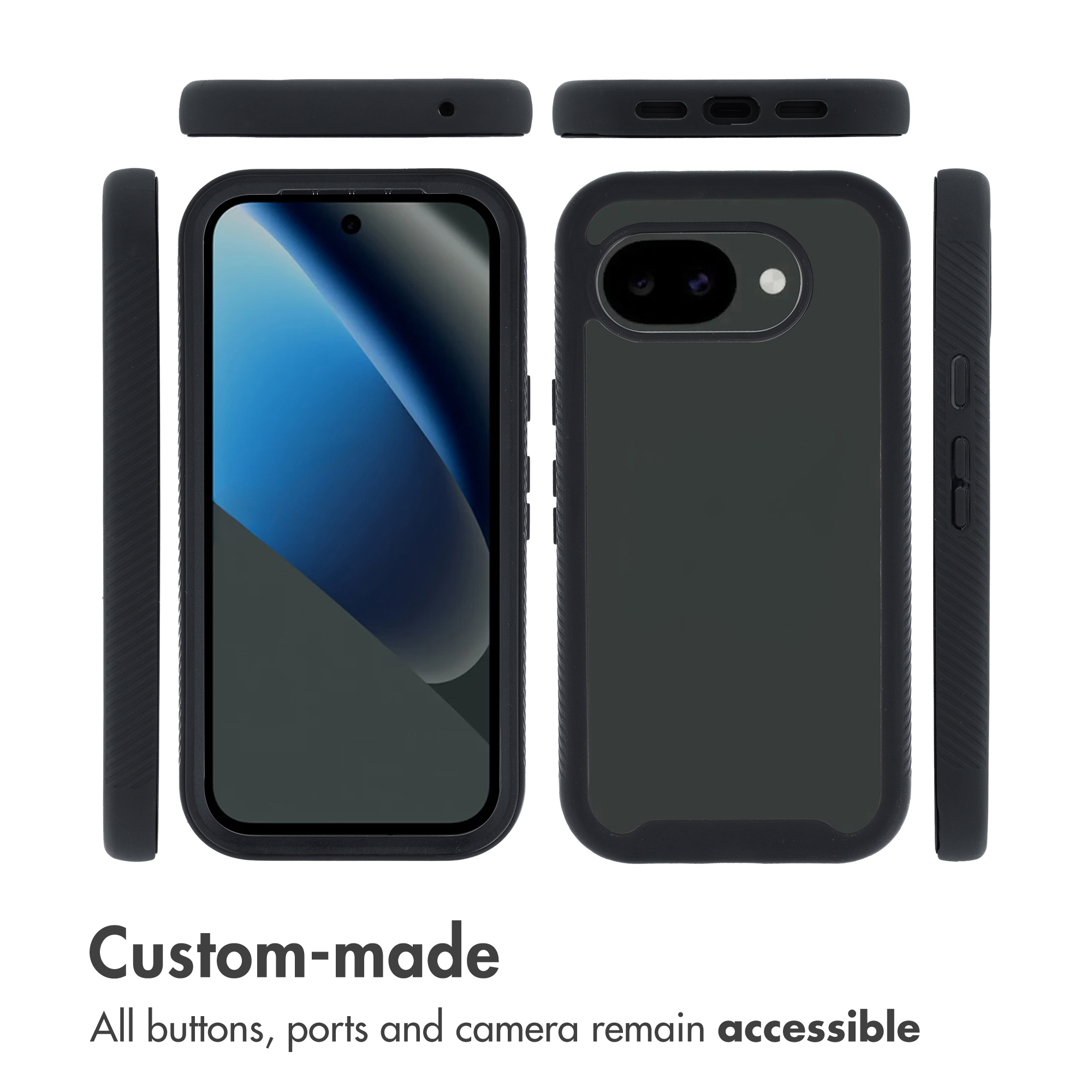 Black smartphone case shown from multiple angles with accessible ports and buttons.