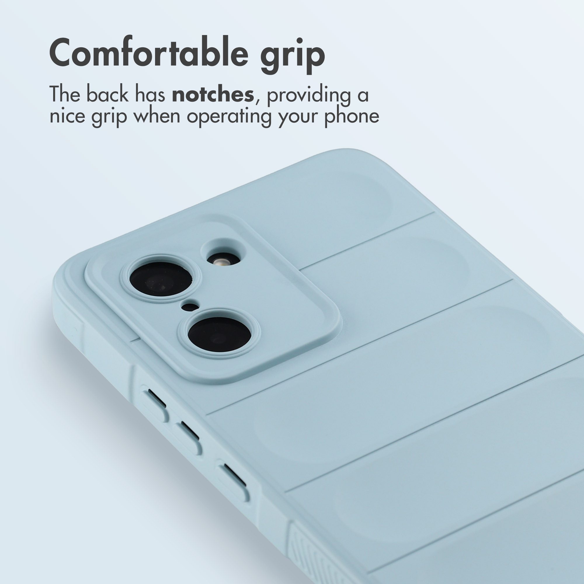 Blauwe telefoonhoes met camera-uitsparing en richels voor betere grip.