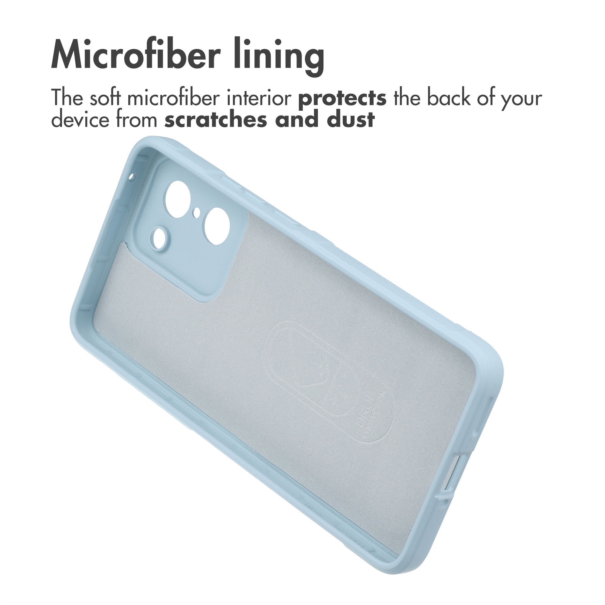 Lichtblauwe telefoonhoes met zachte microvezelvoering tegen krassen.