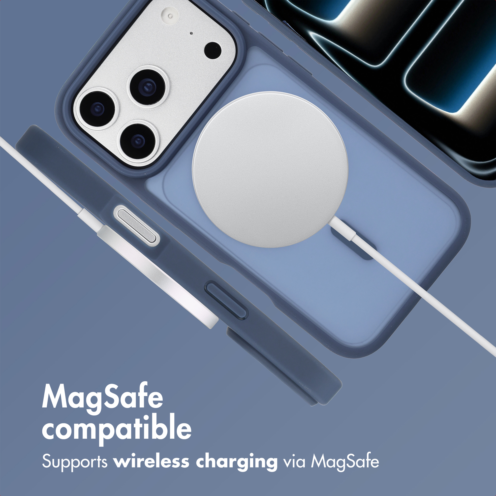 Blue smartphone case with a MagSafe charger and MagSafe compatible text.