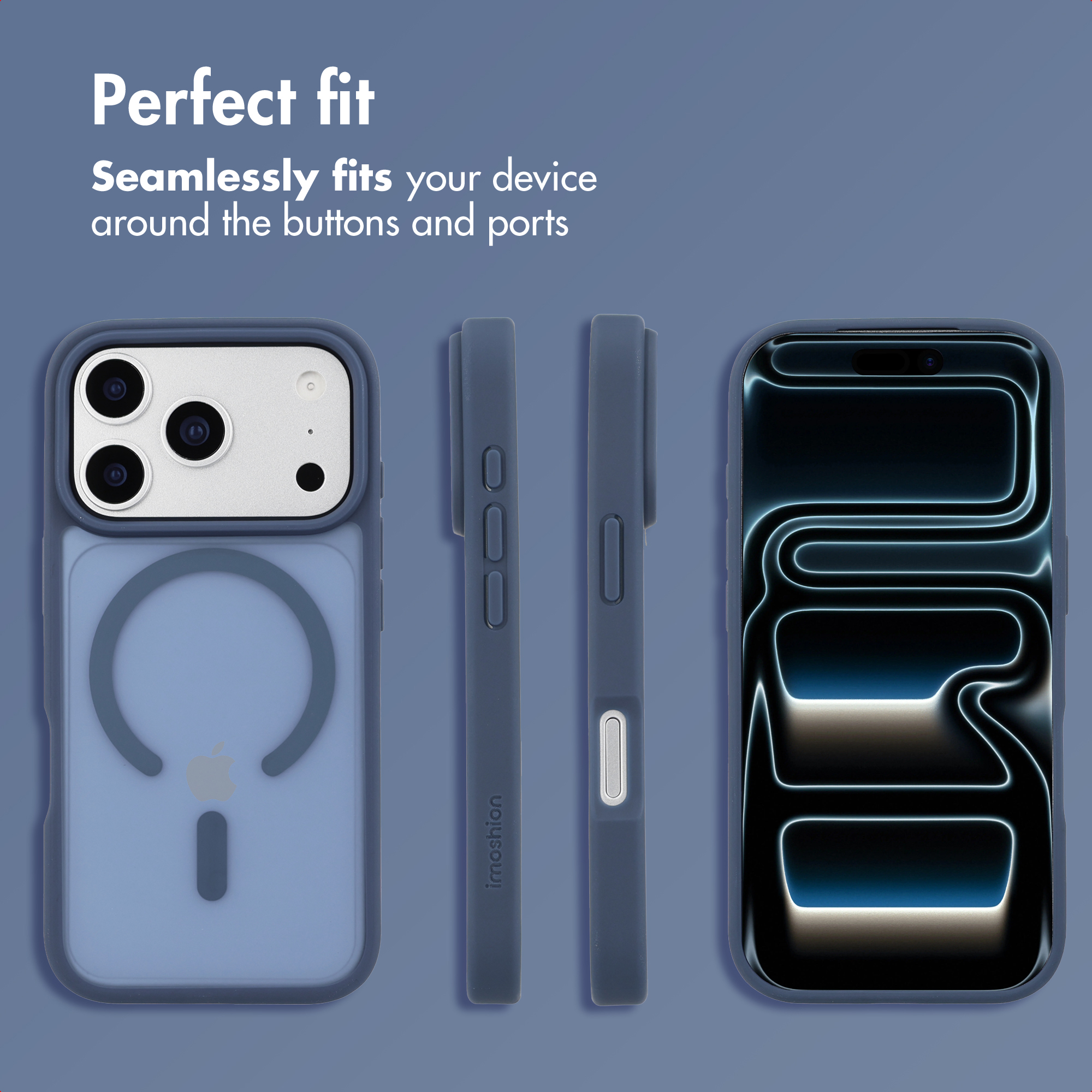 Blue smartphone case shown from different angles with the text "Perfect fit".