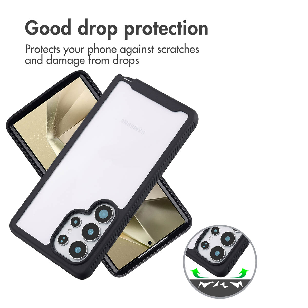 Coque de protection noire avec bords robustes et découpe pour appareil photo sur fond blanc.