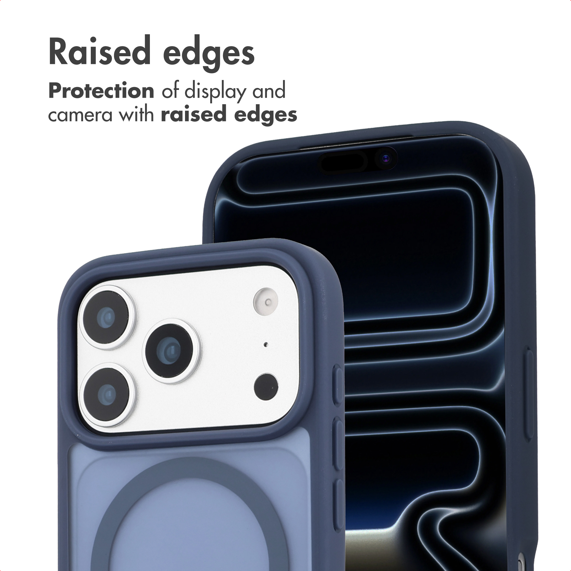 Blue smartphone case with raised edges to protect the display and camera.