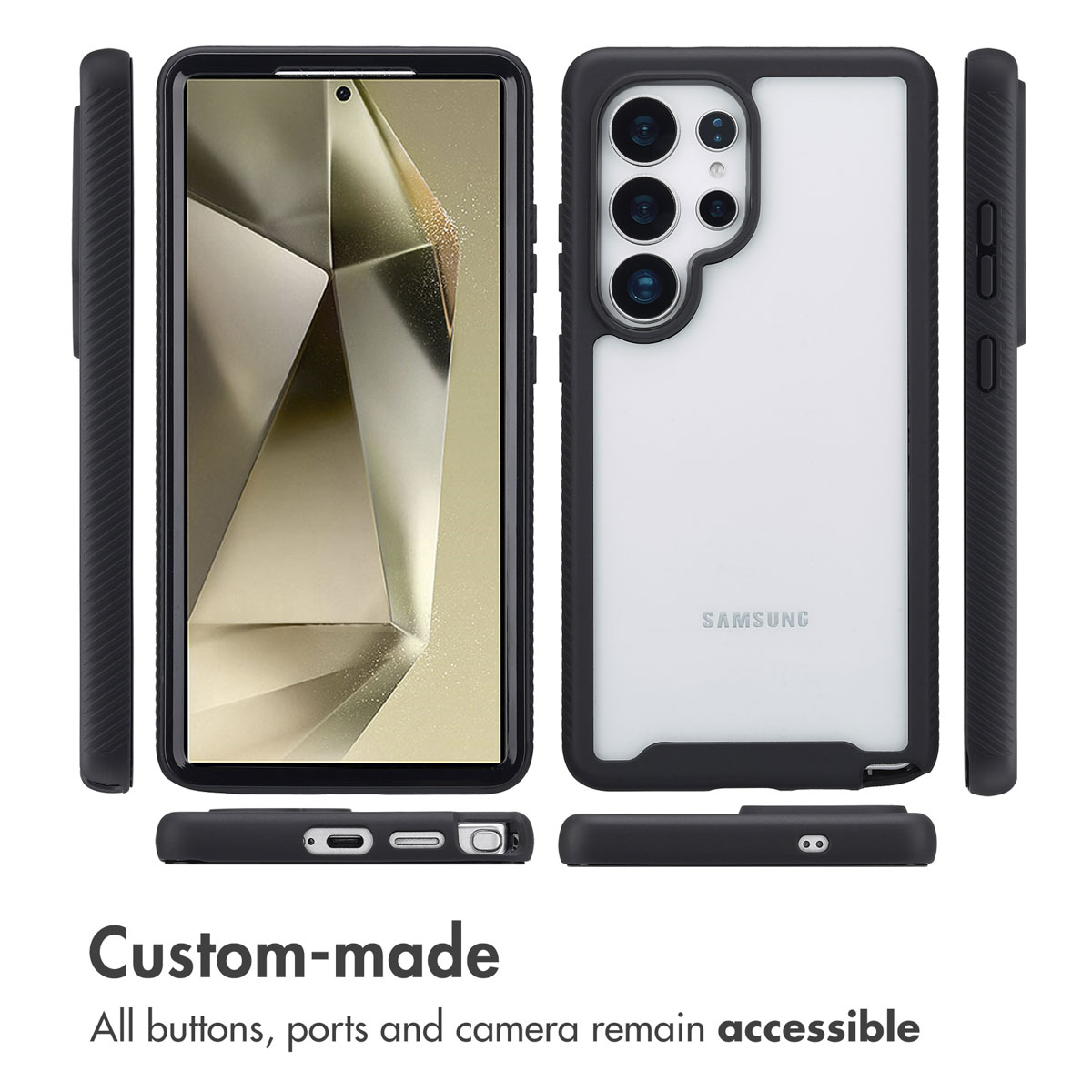 Un smartphone dans une coque de protection noire, vu sous plusieurs angles avec boutons accessibles.