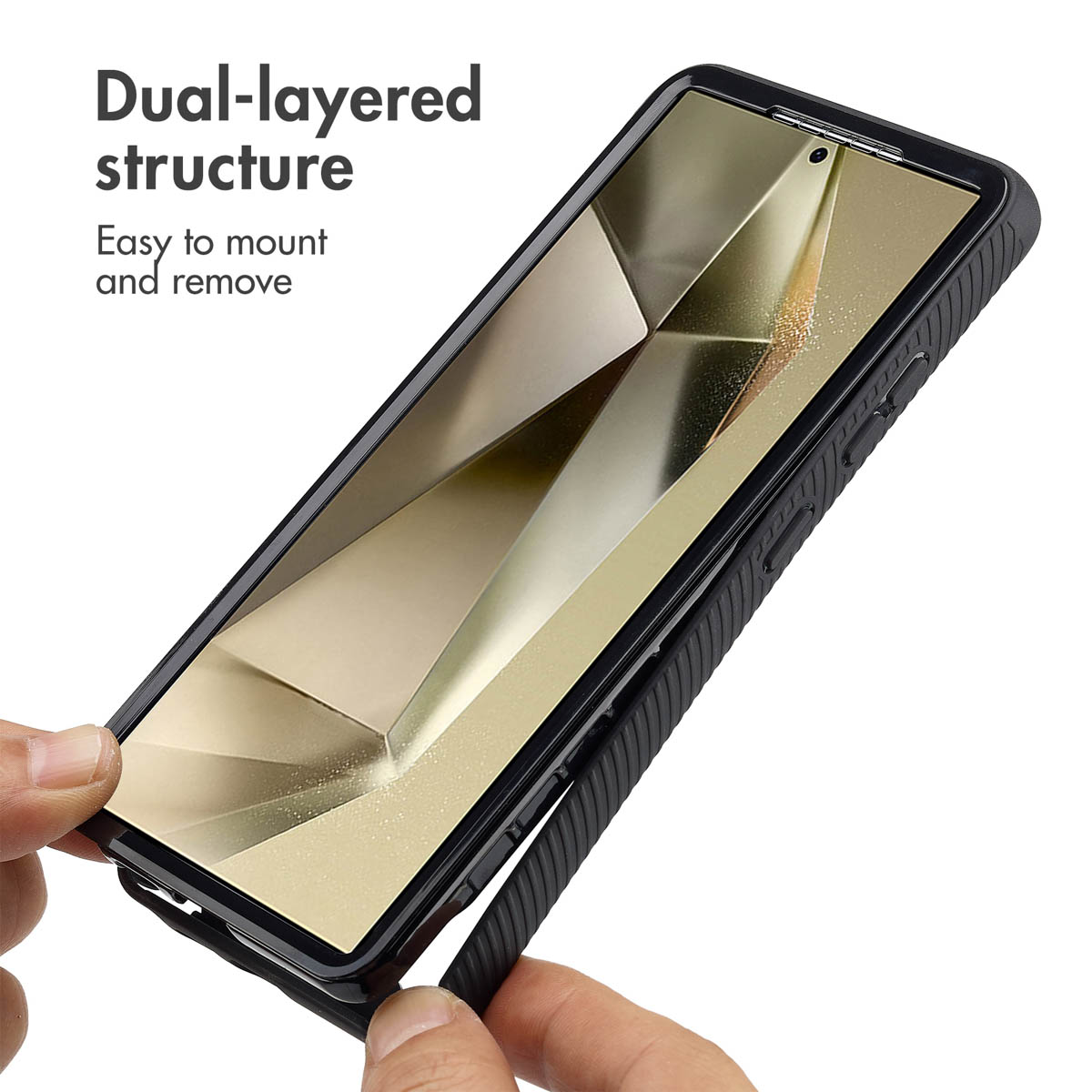 Téléphone dans une coque de protection avec texte.