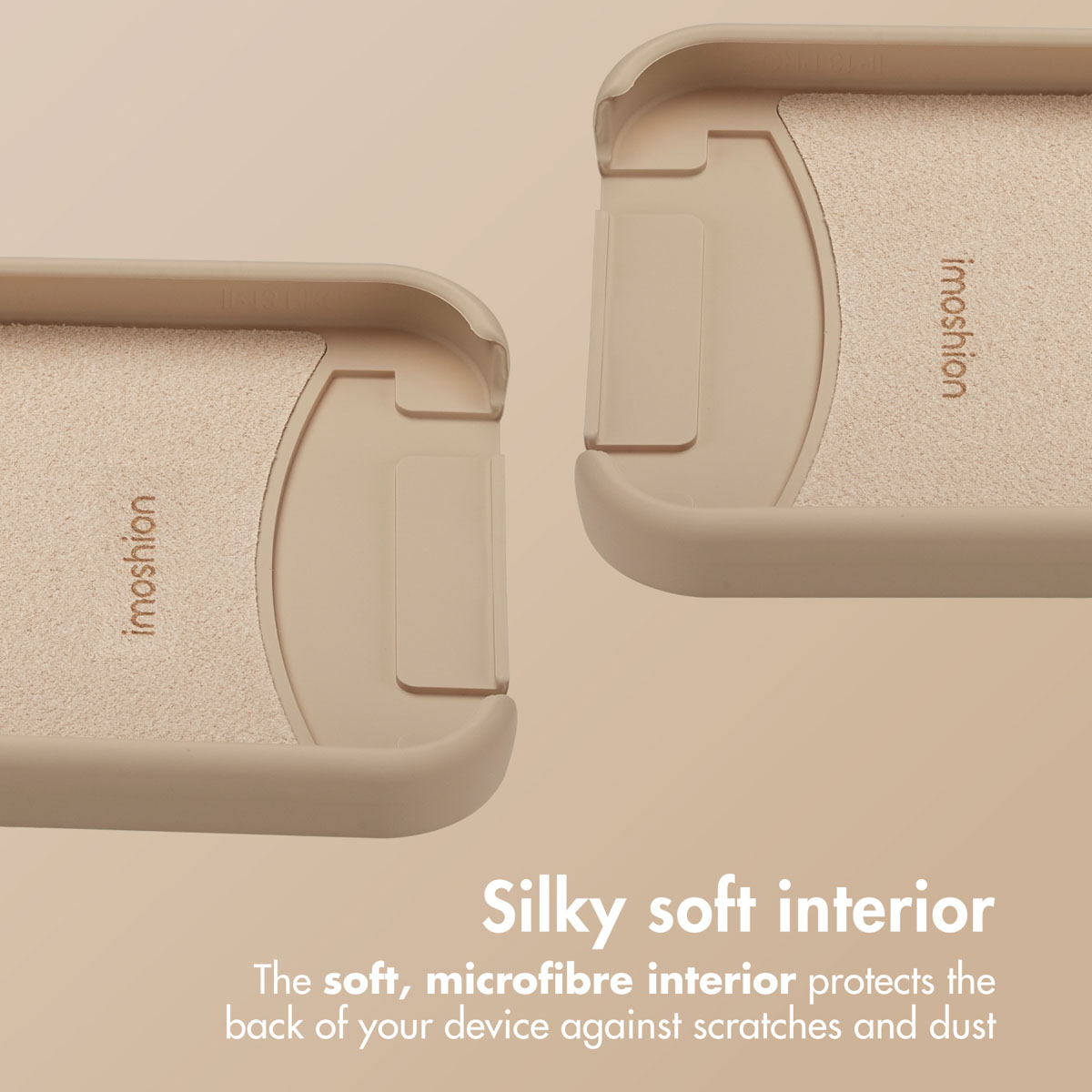Zwei beige Handyhüllen mit weichem Microfaser-Innenfutter und Aufschrift.
