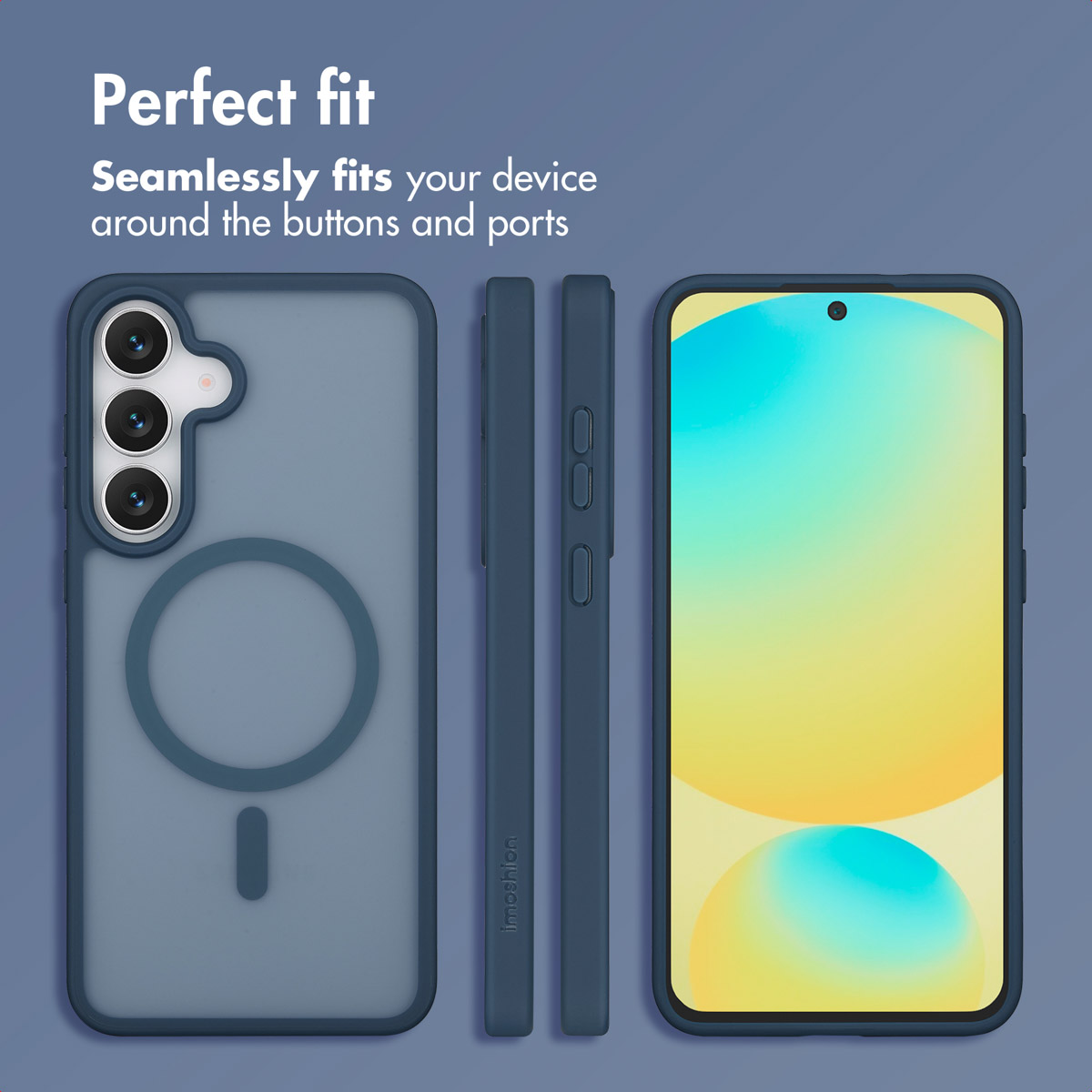 Blaue Smartphone-Hülle mit MagSafe, Seitentasten und Frontansicht auf blauem Hintergrund.