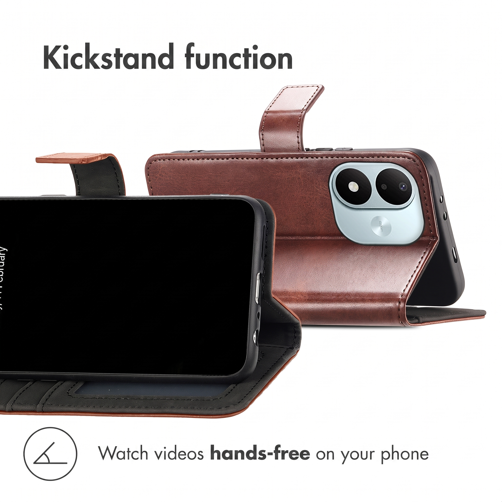 Brown leather phone case with a kickstand function for hands-free viewing.