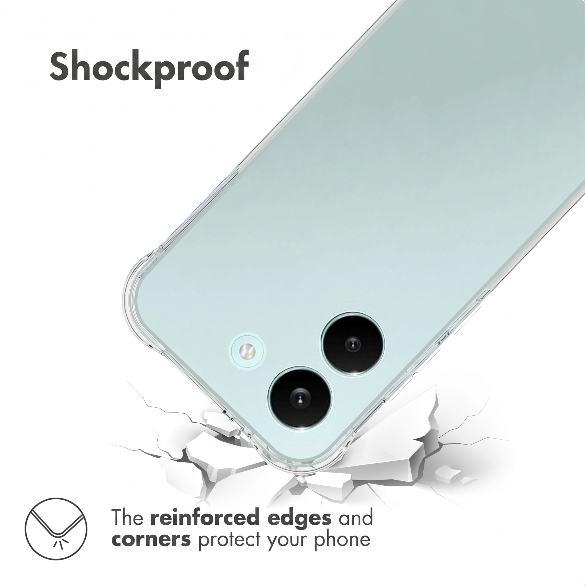 Un smartphone azul claro en funda transparente sobre una superficie blanca rota, destacando su resistencia.