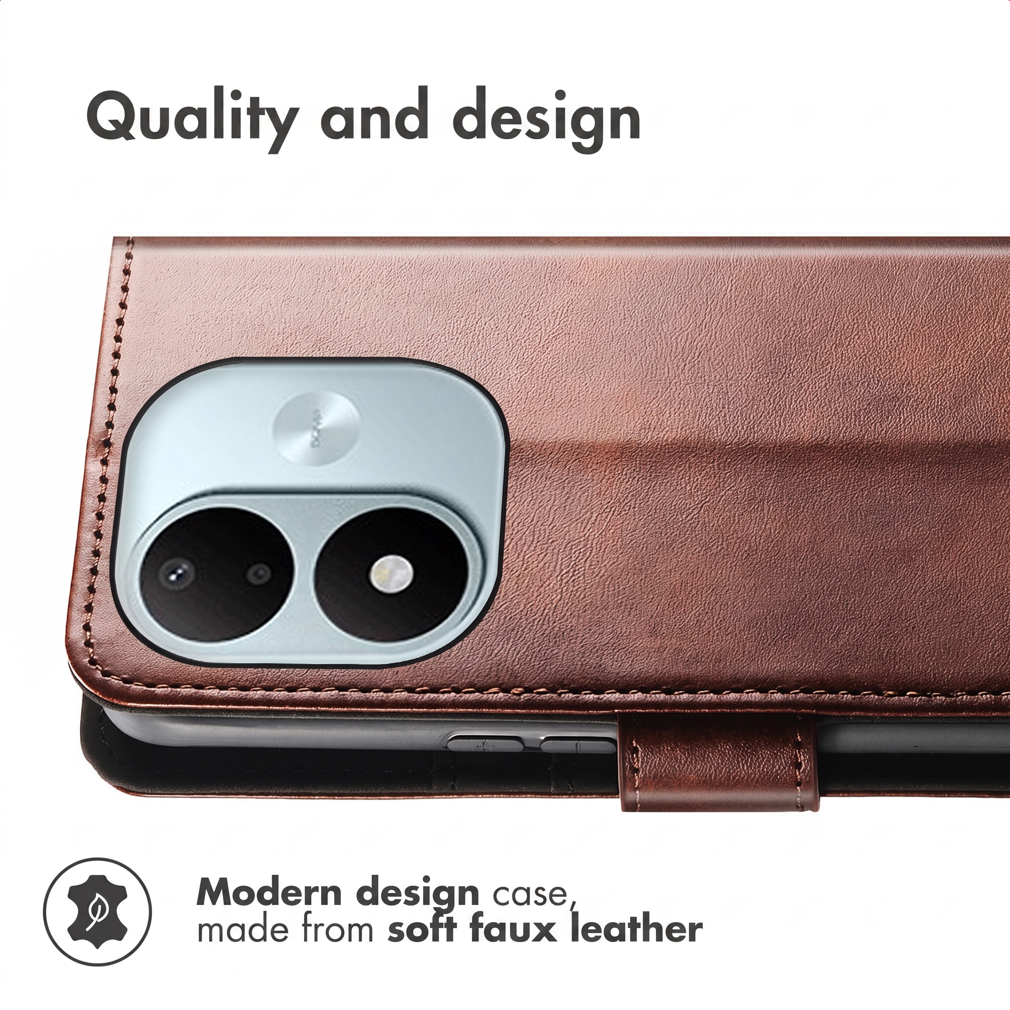 Brown faux leather smartphone case with a visible camera cutout and text 'Quality and design'.