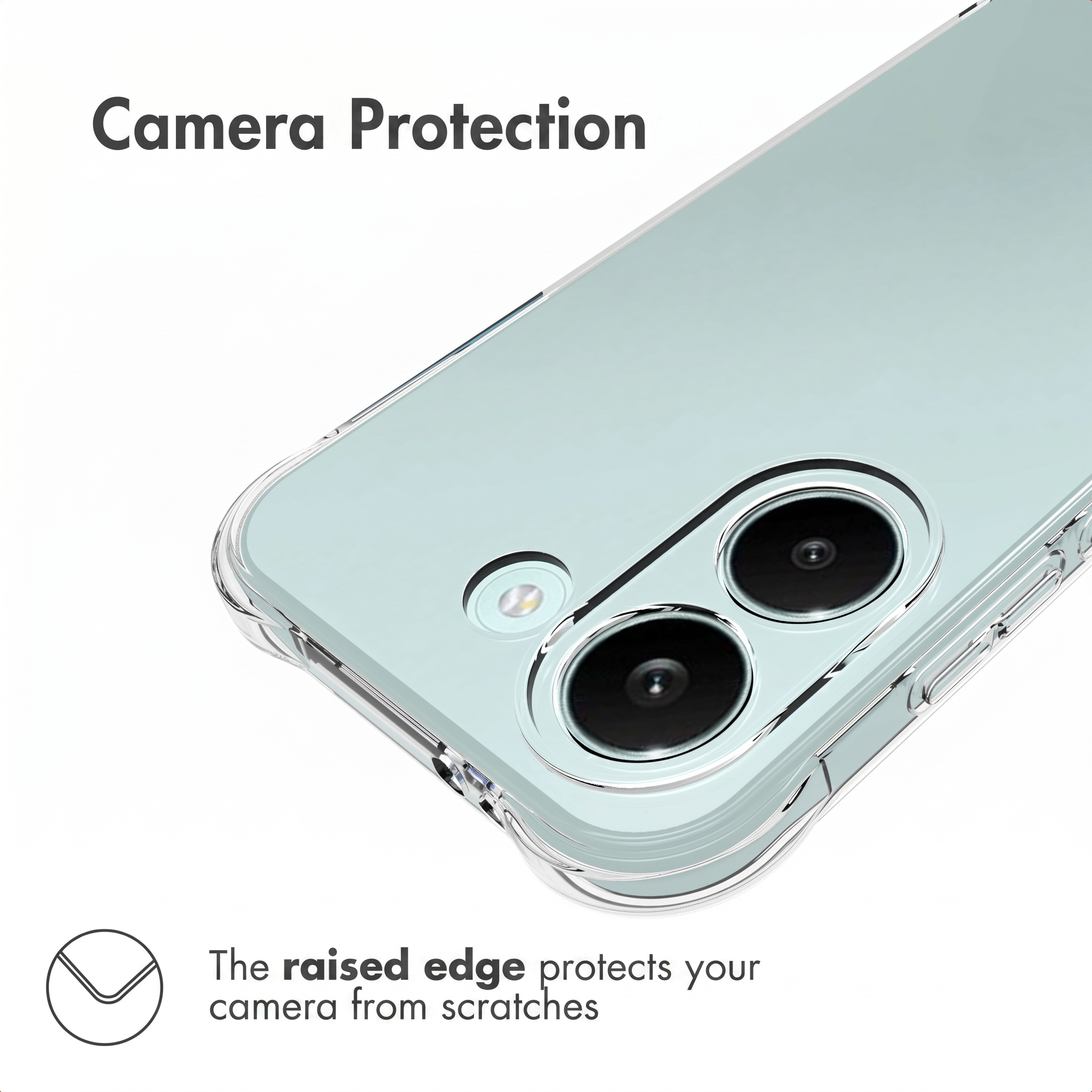 Smartphone verde claro en funda transparente con borde elevado para proteger la cámara.