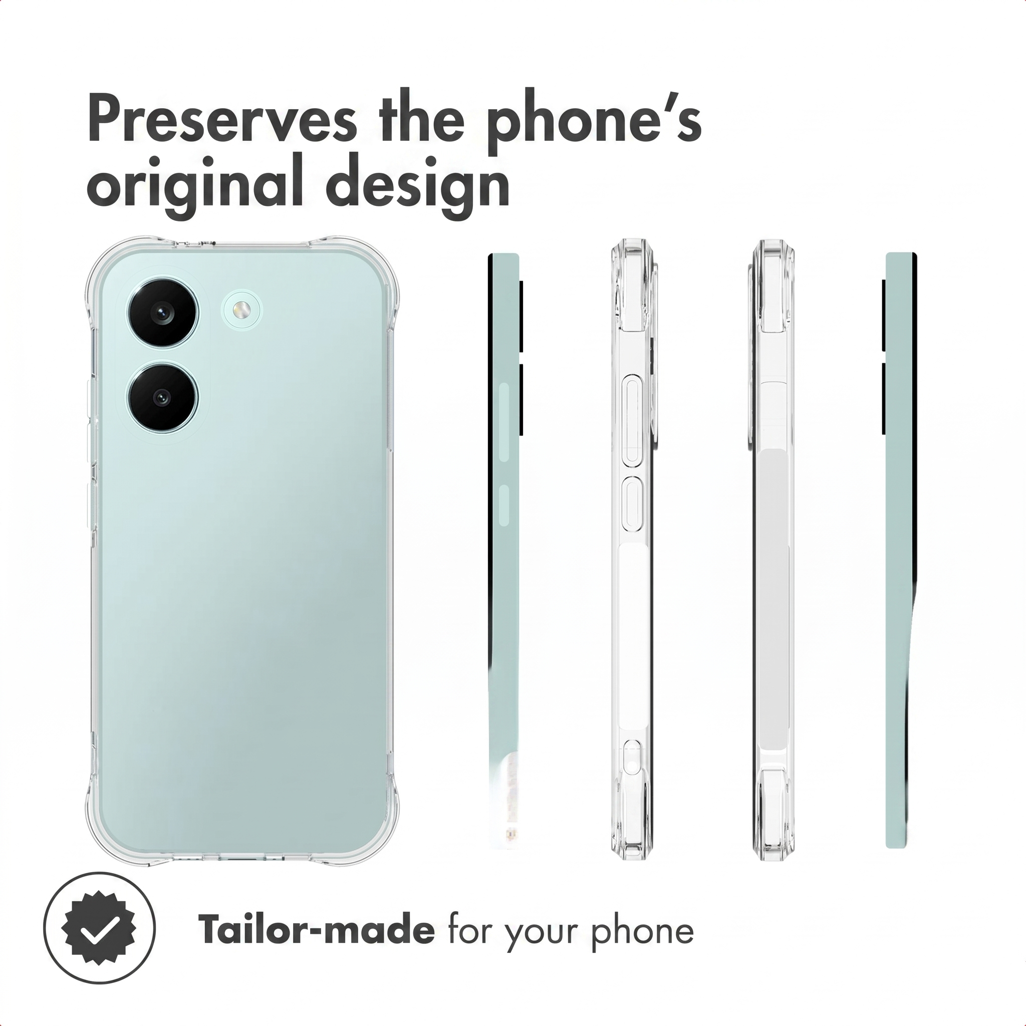 Un smartphone azul claro en funda transparente, visto desde atrás y los lados, con texto sobre el diseño original.