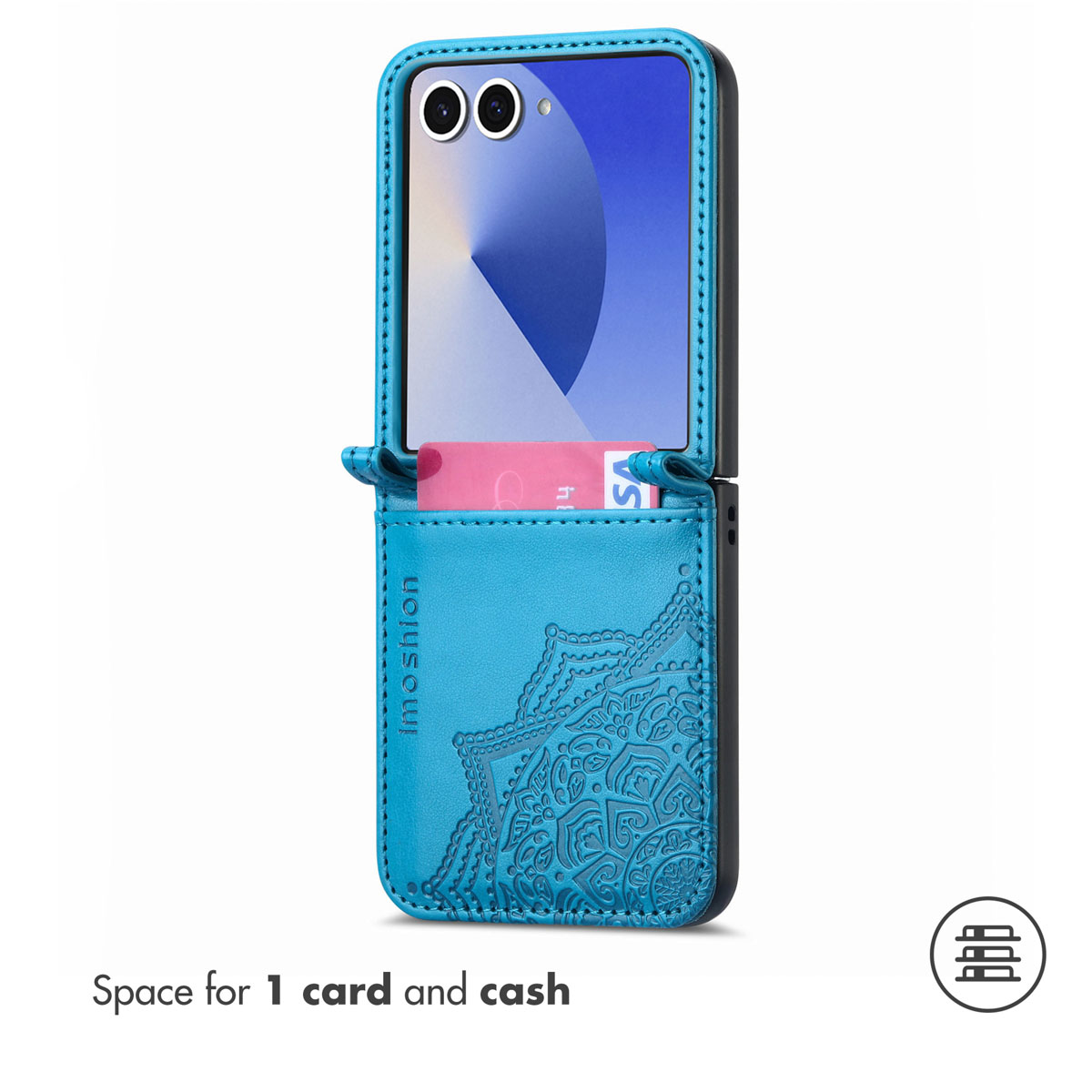 Étui à rabat bleu pour téléphone avec motif mandala et fente pour une carte et de l'argent.