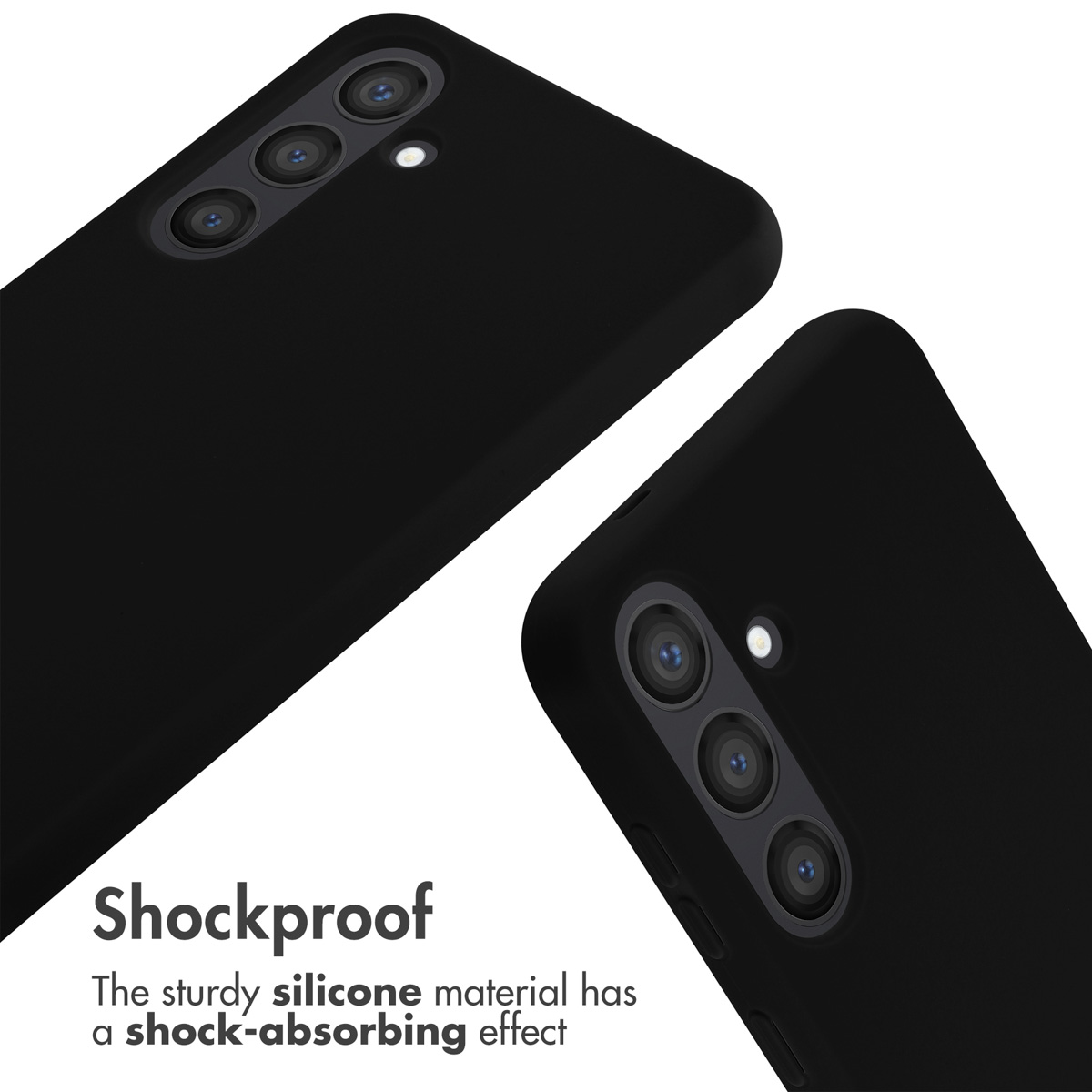 Dos fundas de silicona negra para teléfonos con aberturas para cámaras.