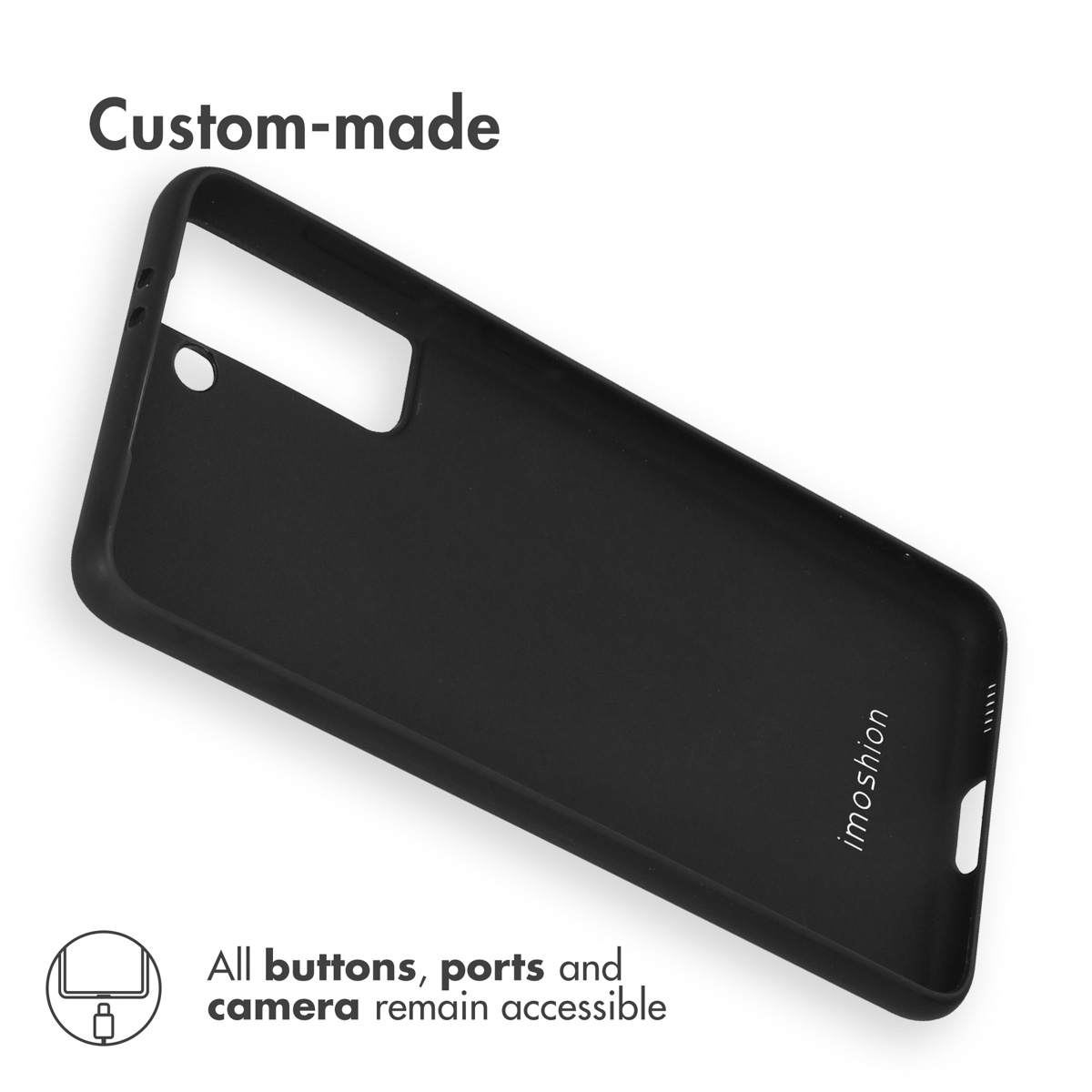 Coque de smartphone noire sur mesure avec ports et caméra accessibles sur fond blanc.