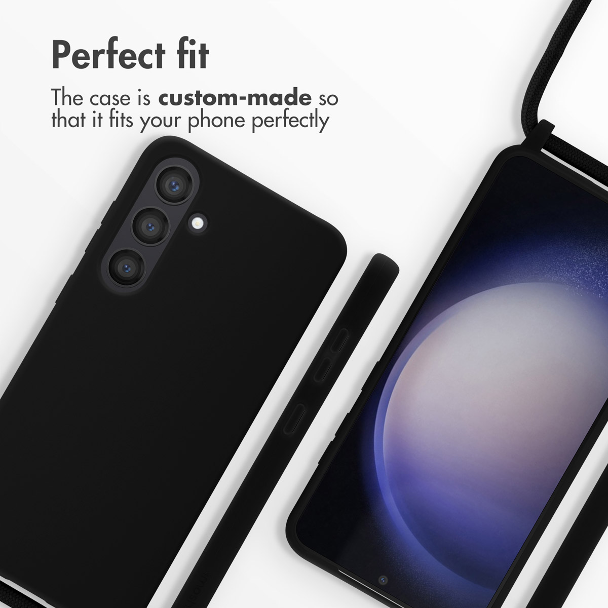 Un smartphone negro con funda y correa, texto: Perfect fit, hecho a medida para tu teléfono.