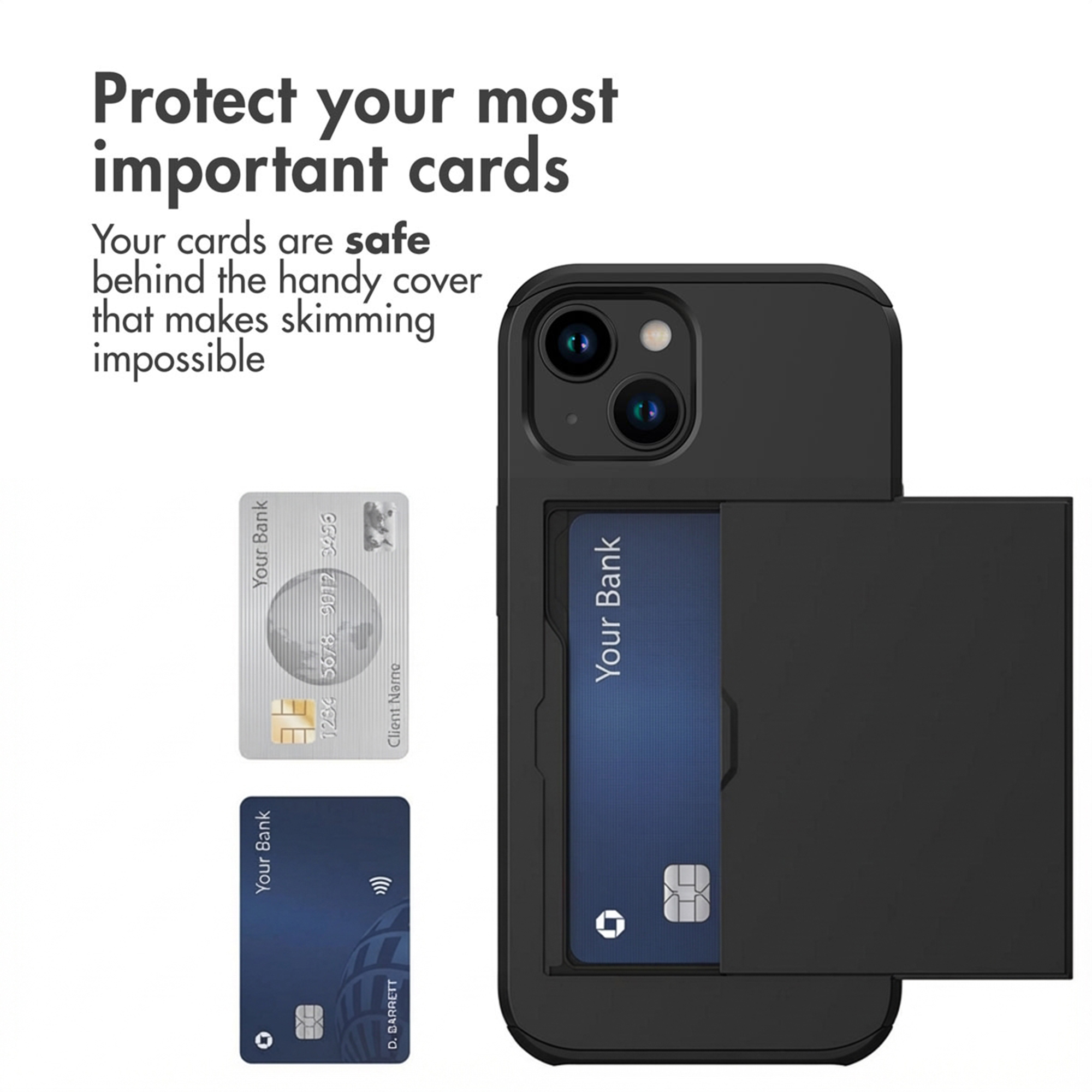 Black smartphone case with integrated card slot, two credit cards next to it, and promotional text.