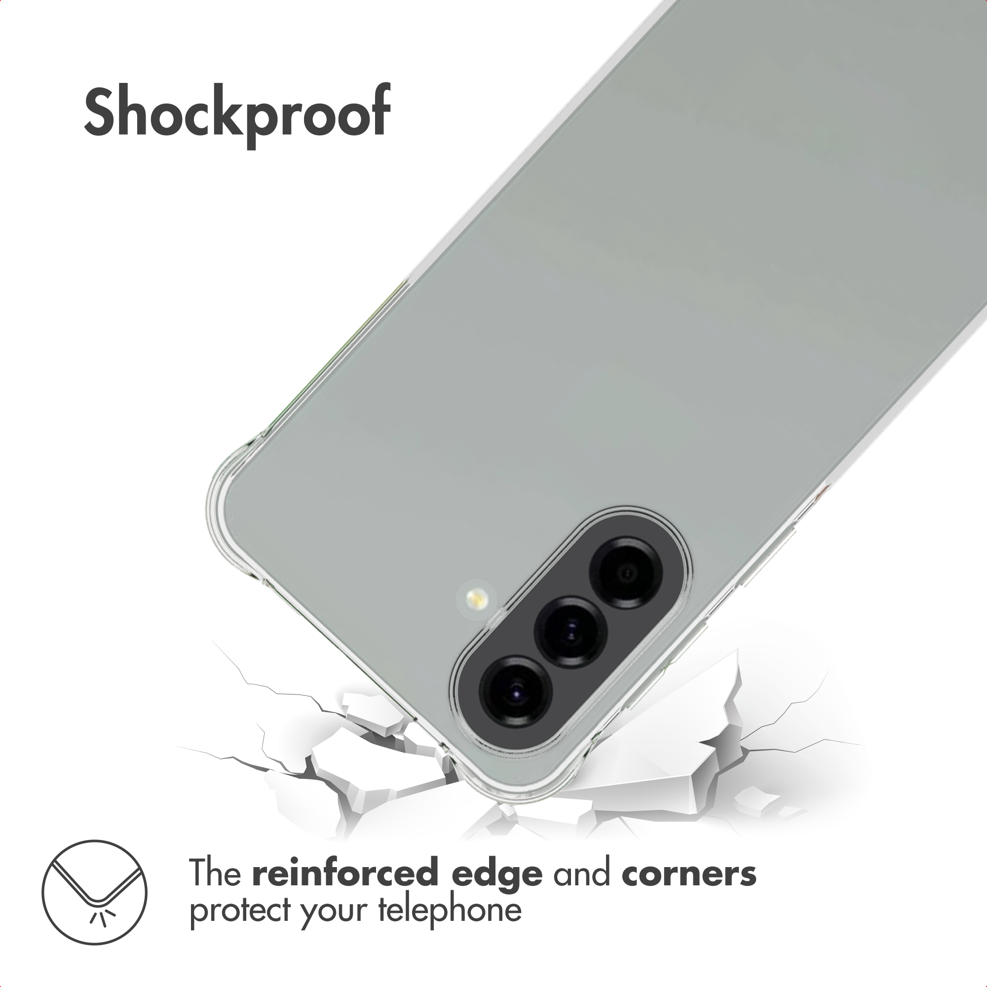 Un smartphone dans une coque transparente au-dessus d'un sol blanc brisé, avec texte sur les coins renforcés.