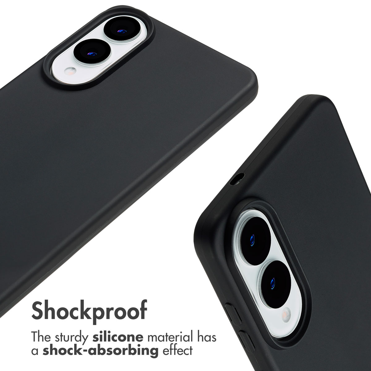 Funda de móvil de silicona negra con dos aberturas para cámaras y texto.
