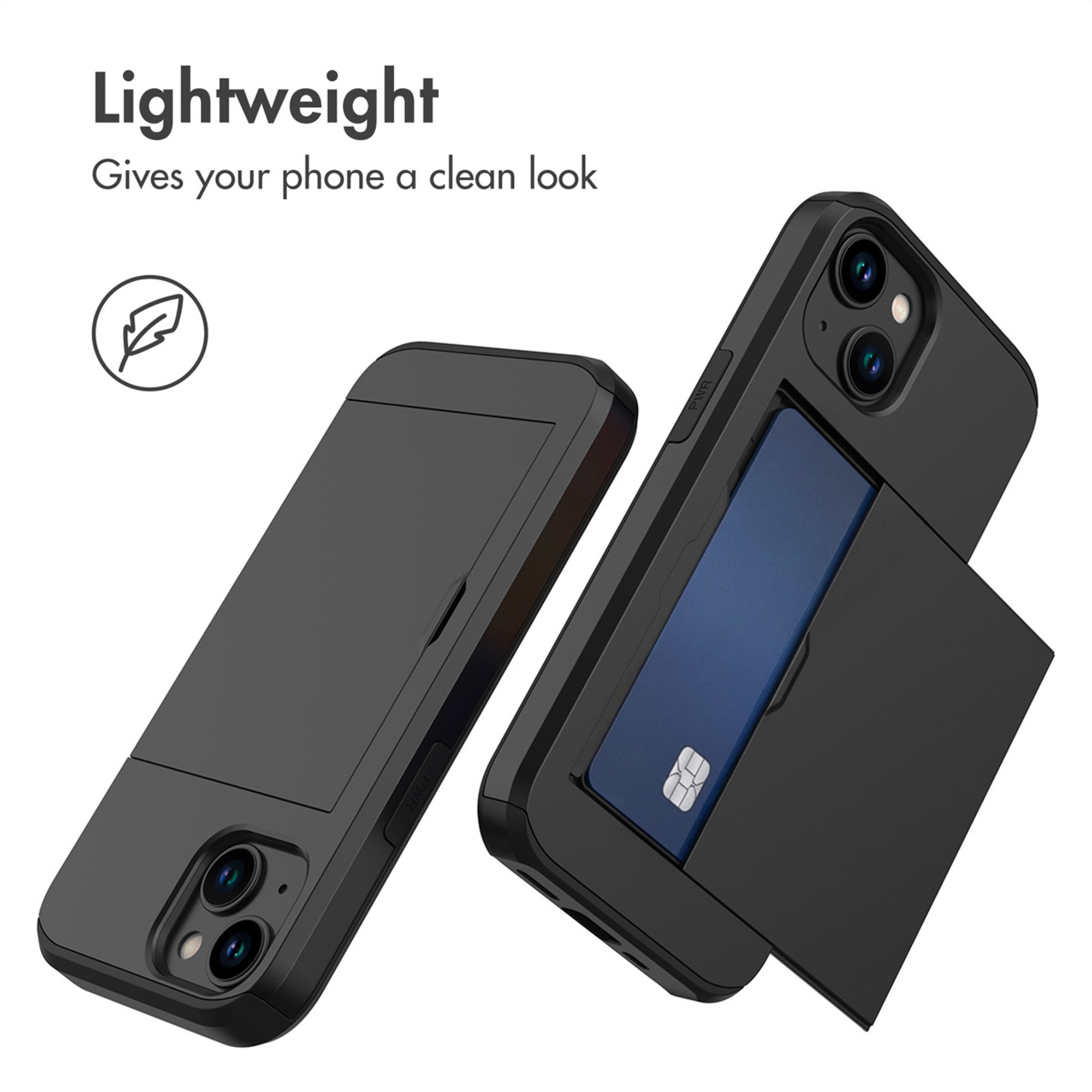 Two black phone cases with a card slot on the back, one showing a blue card.